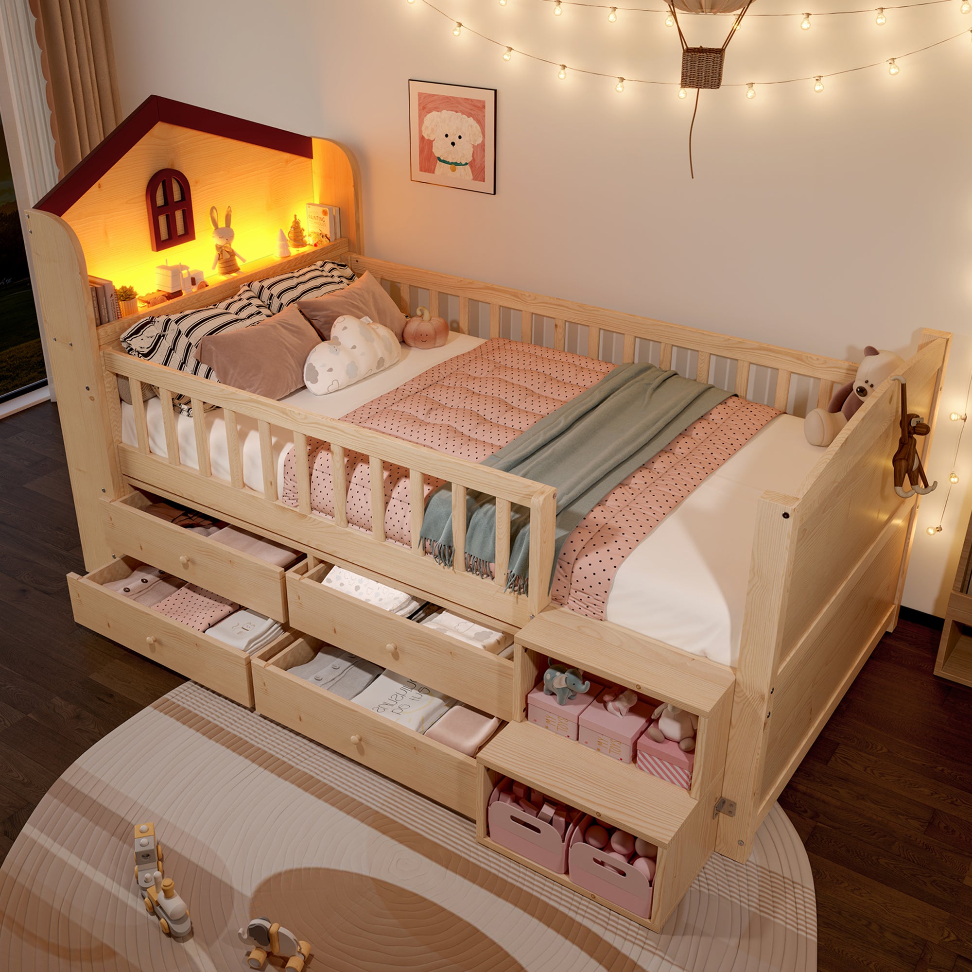 Łóżko dziecięce 90 x 200 cm z 4 szufladami i schodkami - Sosna + MDF + sklejka - Diody LED - Naturalne (Materac nie jest wliczony w cenę)