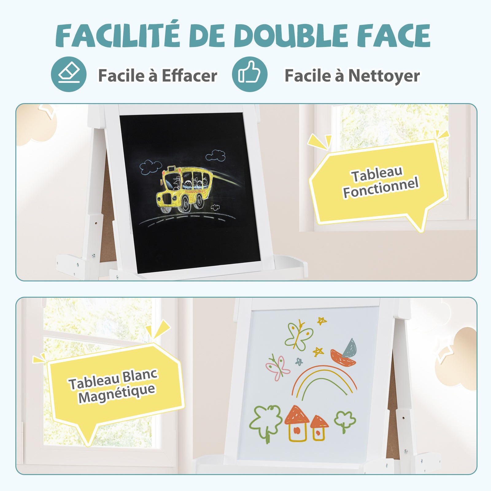 Chevalet Pliable pour Enfants, Double Face avec Tableau Noir et Tableau Blanc Magnétique, Rouleau de Papier Remplaçable, 3 Gobelets, Blanc - 5