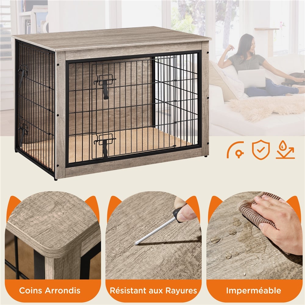 Cage pour Chien en Bois avec 2 Portes Grillagées à Double Serrure et Tapis Pelucheux, Gris Yaheetech - 6
