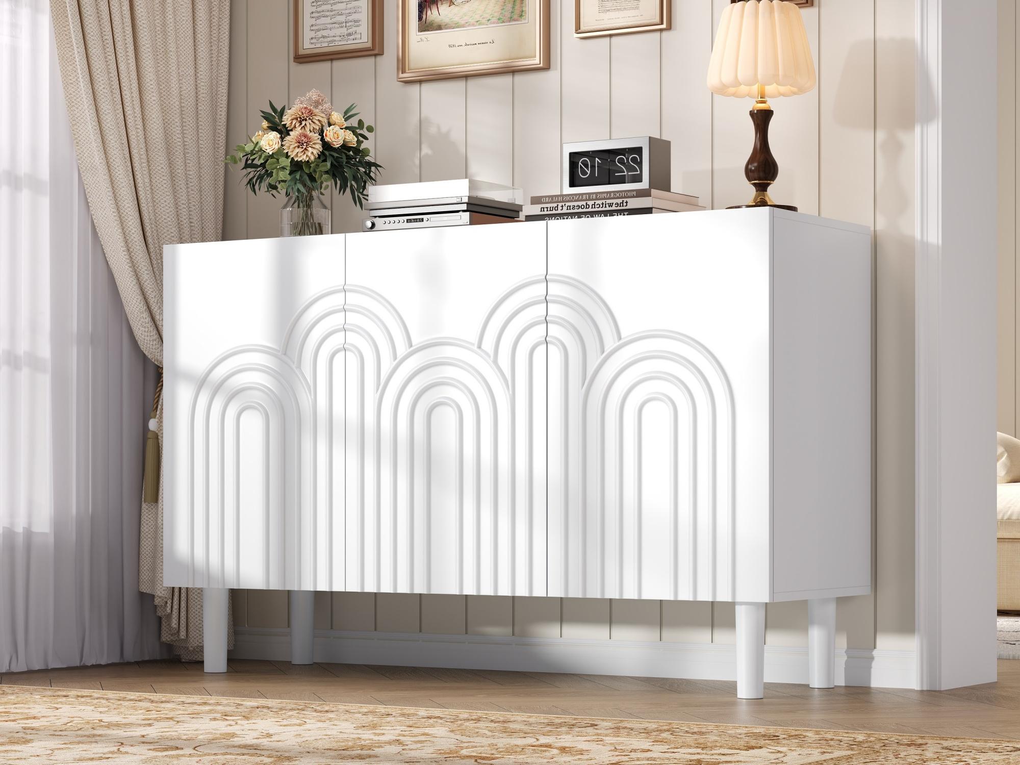 Komoda 120 x 38,5 x 79 cm – z 3 drzwiami i regulowanymi półkami – płyta MDF – kolor biały