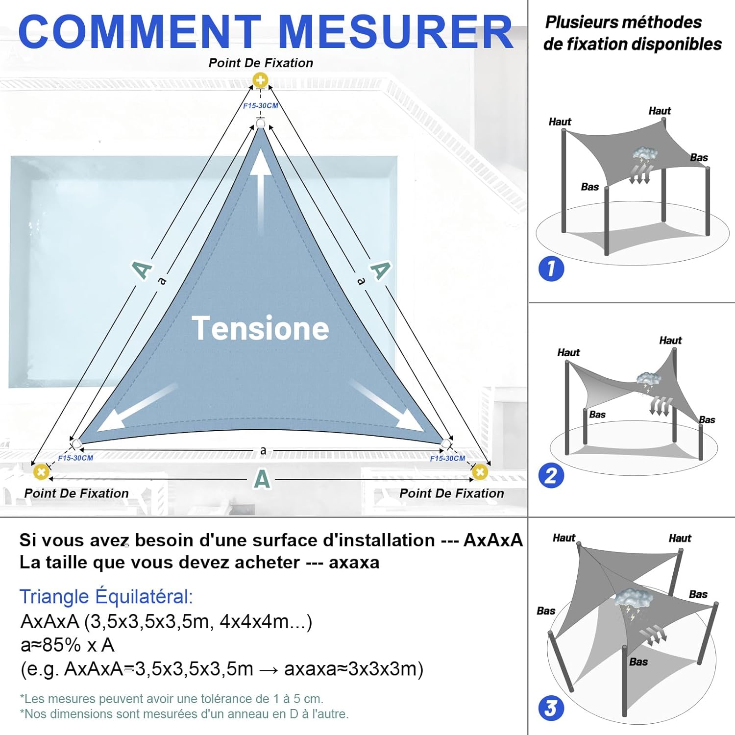 Voile d'ombrage Triangulaire Imperméable 3x3x3m Toile Ombrage PES avec 95% UV Protection pour Patio Extérieur Jardin Terrasse, Bleu - 5