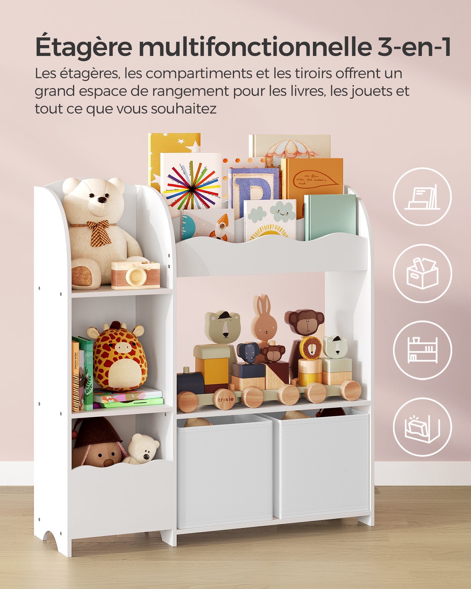 Étagère de Rangement pour Enfants, pour Livres et Jouets, Organisateur avec 2 Boîtes de Rangement, Blanc Nuage - 4