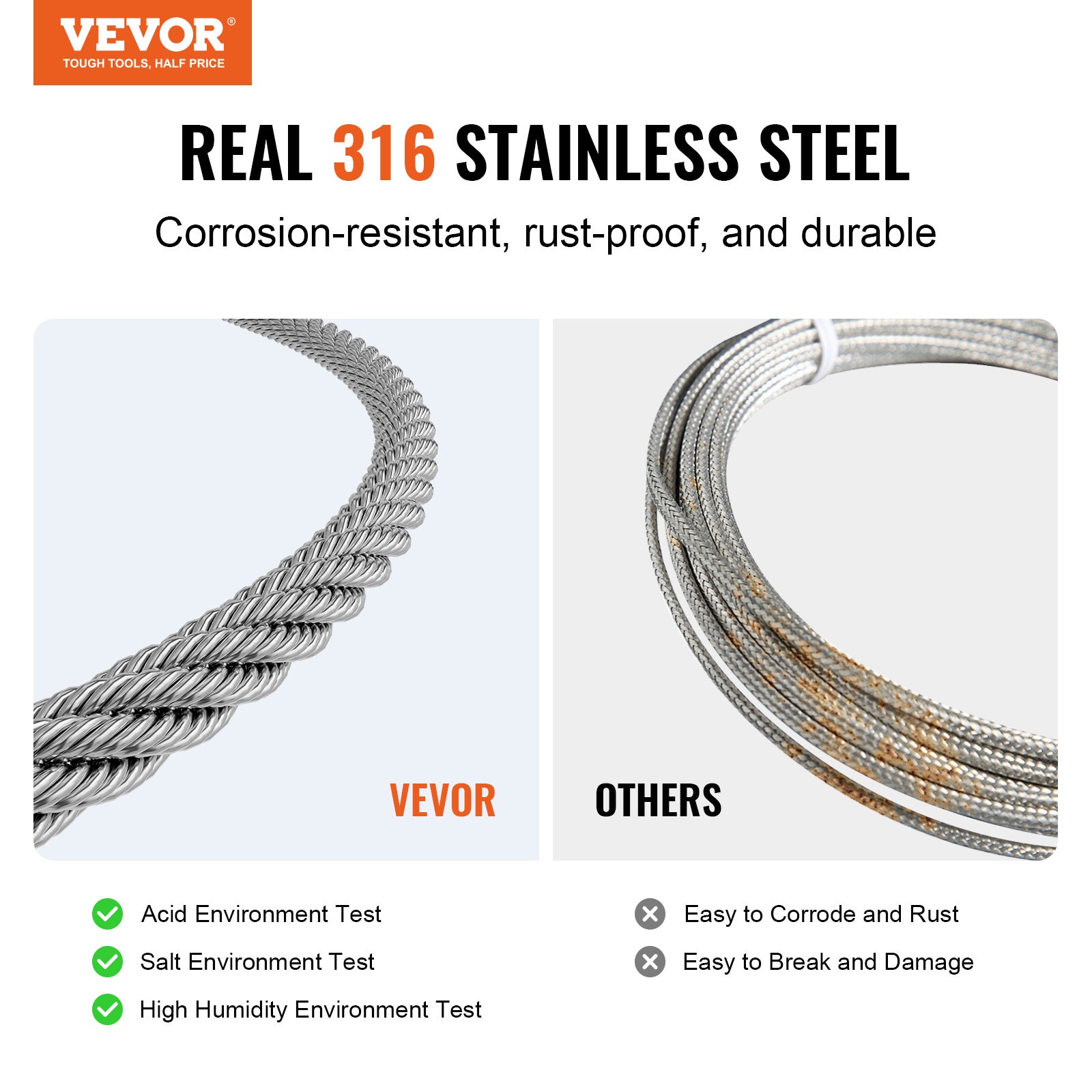 VEVOR Câble Acier Inoxydable 3,18mm X 30,5m - Pour Rampe, Clôture, Extérieur | Résistance 7,1kN