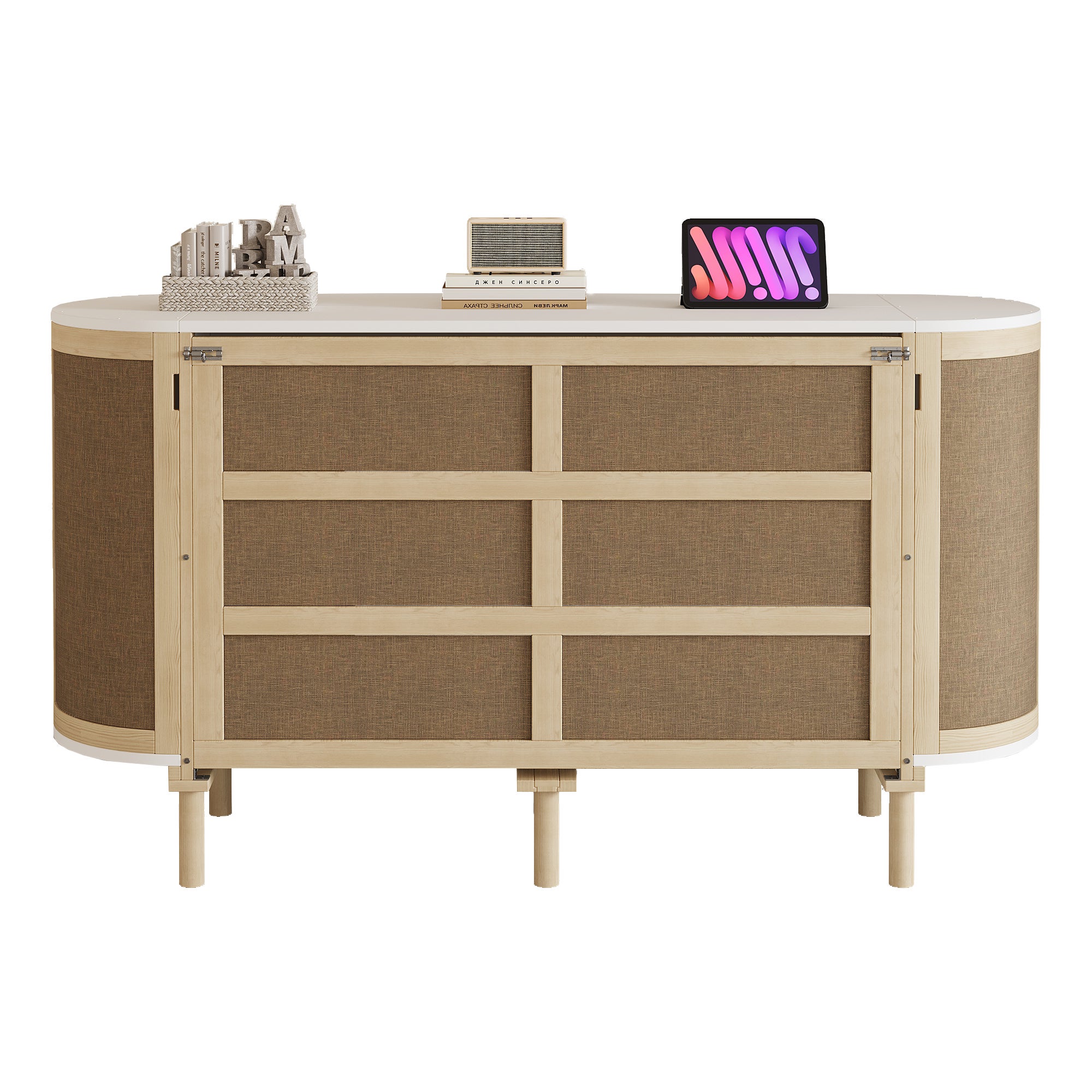 Cama abatible 140x200 con somier,cama de madera maciza con almacenaje y estanteria abierta,diseño de ratán, cama doble para adolescentes,color madera - 7