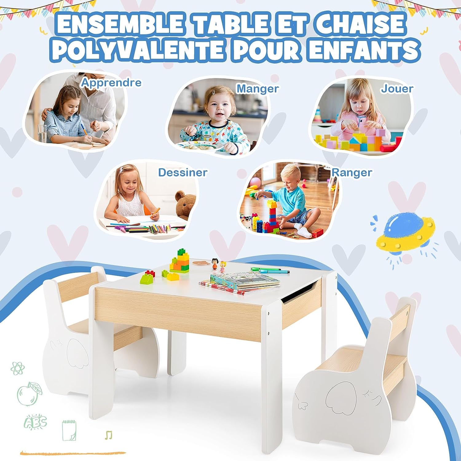 3 in 1 Set Tavolo e Sedie per Bambini, Tavolo da Attività per Bambini con 2 Sedie, Lavagna Rimovibile e Deposito, per Giocare, Disegnare e Leg - 5