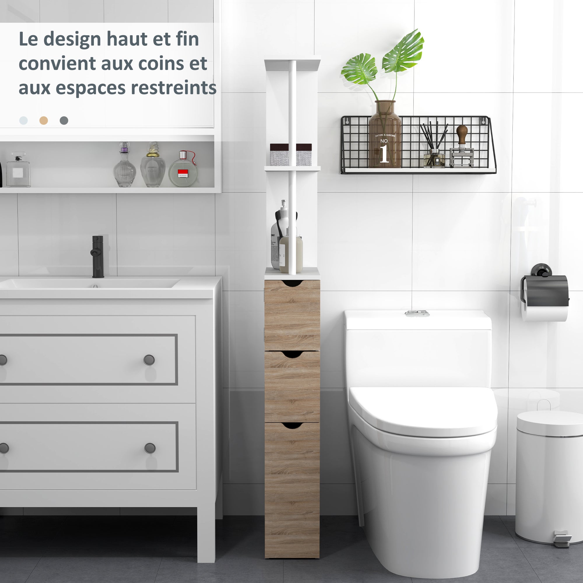 Meuble colonne salle de bain armoire de salle de bain avec tiroirs étagères ouvertes placard 15 x 33 x 136,8 cm blanc - COMFORTXL - 7