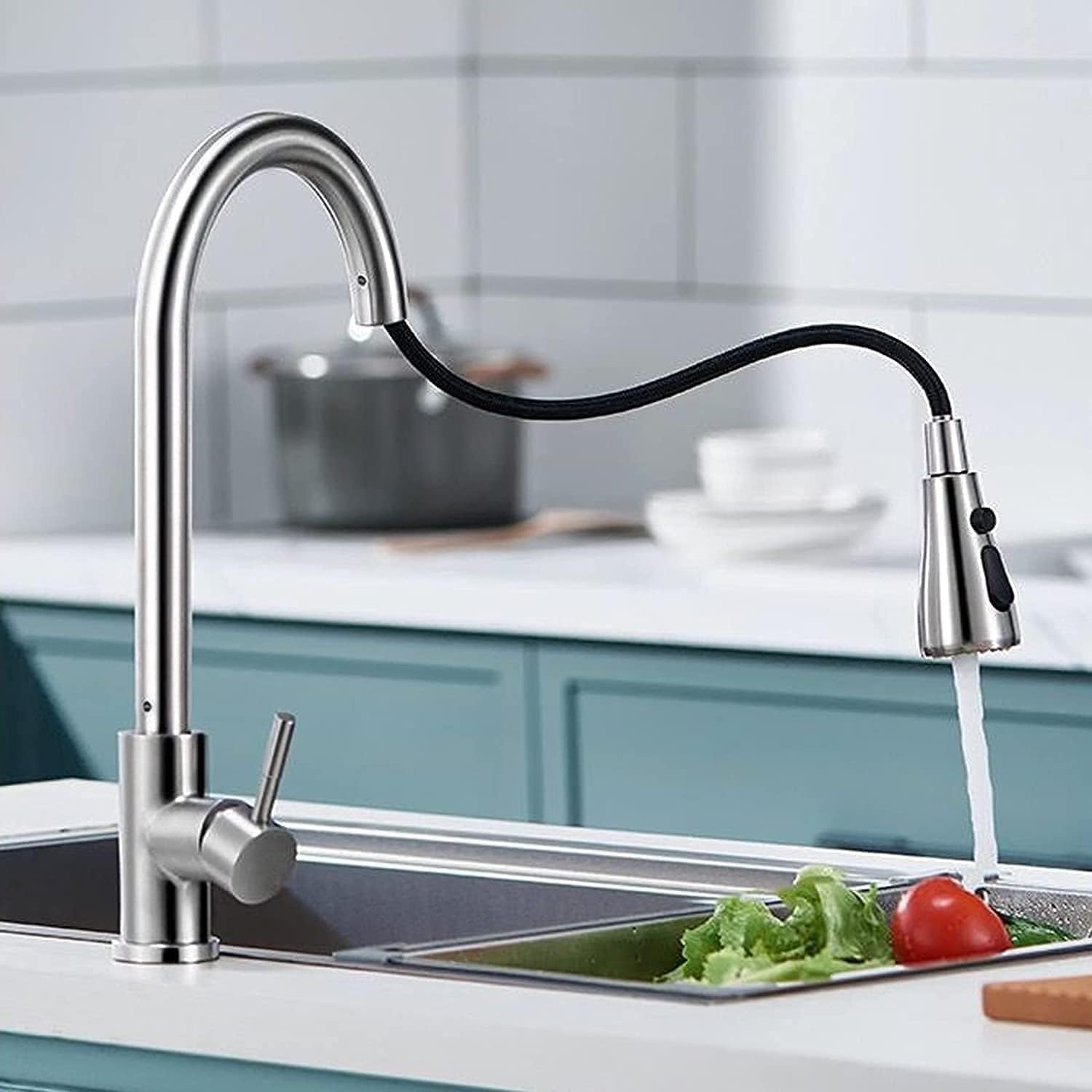 Robinet de cuisine avec douchette | Mitigeur extractible, 2 jets, pivotant à 360°, robinet de cuisine en inox - 2