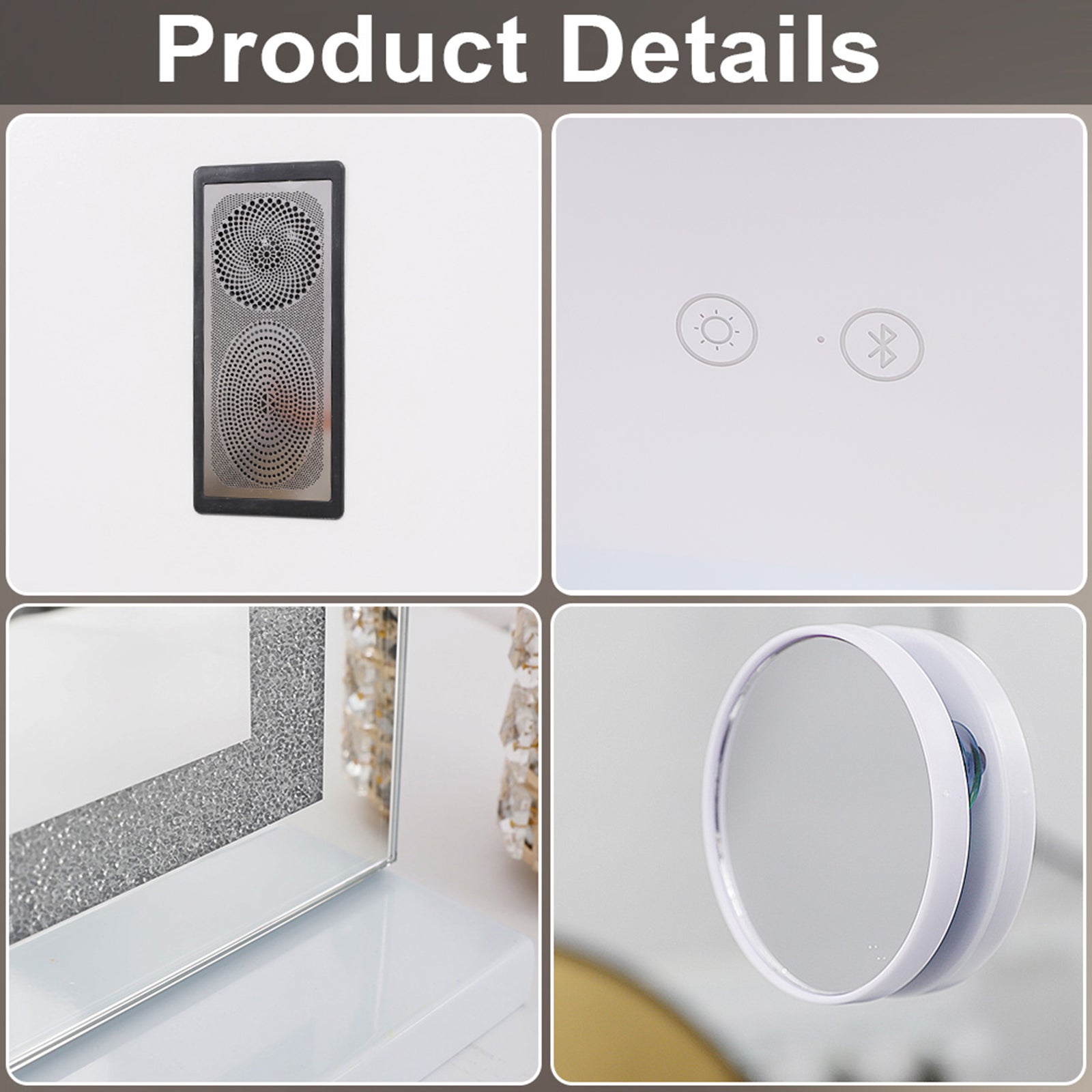 Miroir de maquillage Hollywood lumineux LED coiffeuse mural - 80 x 58 cm - Bande LED style cristal - Enceinte Bluetooth - 6