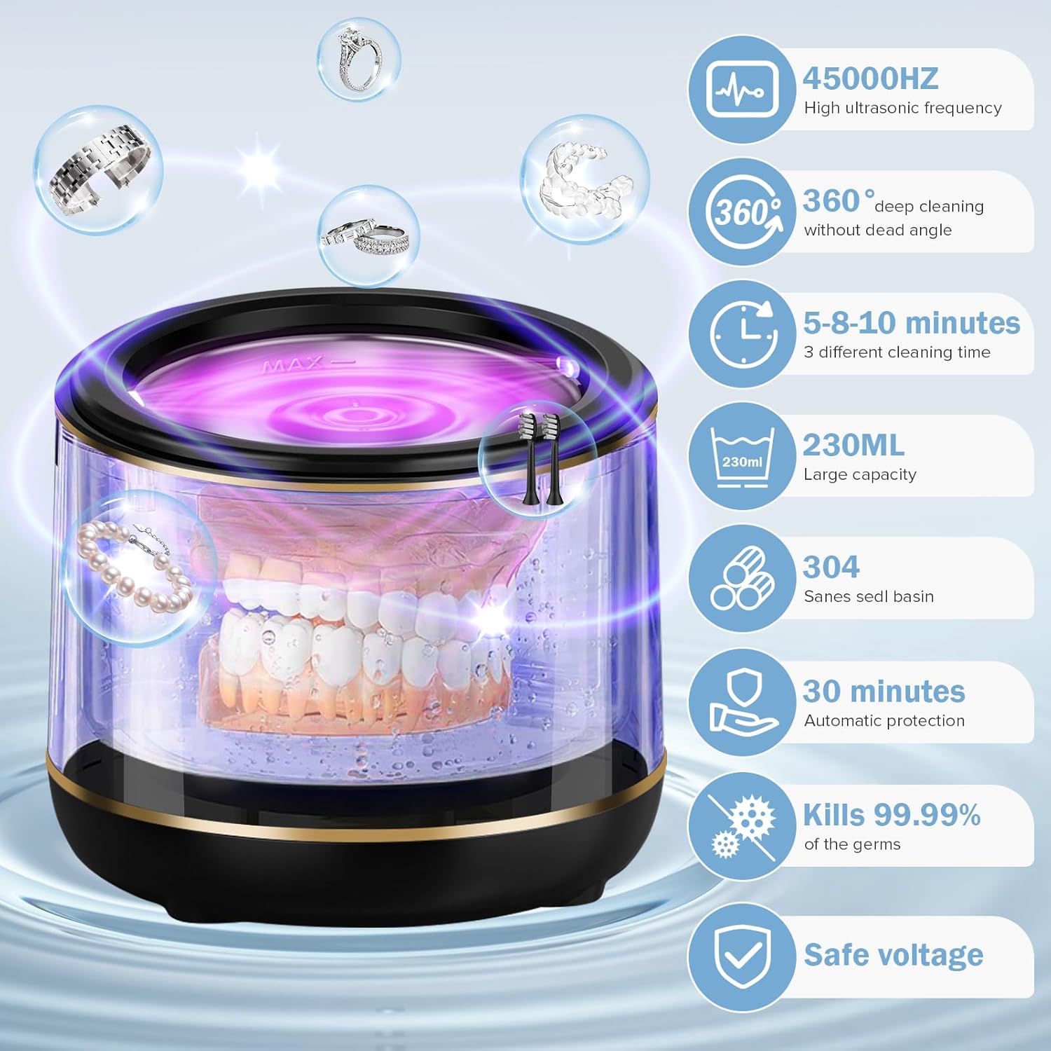 Nettoyeur à ultrasons ultraviolet pour prothèses dentaires, appareil de nettoyage pour tous les instruments (noir) - 3