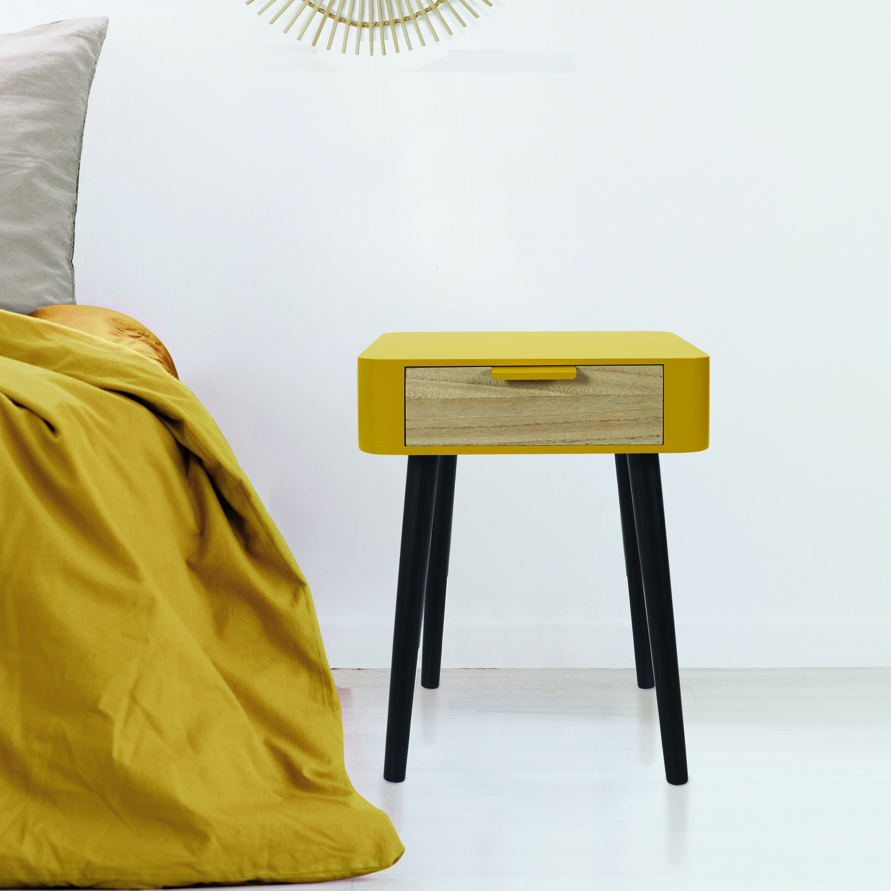 Table De Chevet - Home Deco Factory - 1 Tiroir - Bois - Jaune Moutarde - 4
