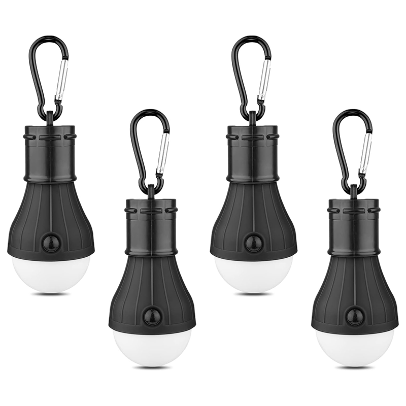 Zestaw 4 lampek kempingowych LED do namiotu, przenośne i wodoodporne oświetlenie awaryjne, zasilane bateryjnie, idealne na kemping, czarne