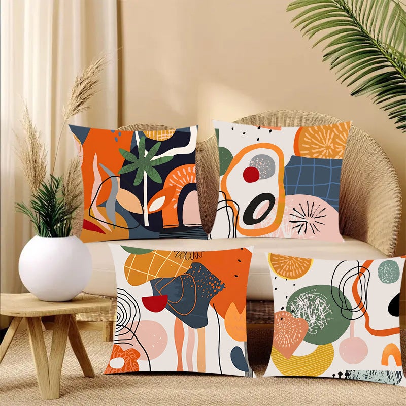 Poszewka na poduszkę 45x45 Zestaw 4 poszewek na poduszki w stylu boho z kwiatowym wzorem w nowoczesnym, abstrakcyjnym kolorze, pomarańczowa