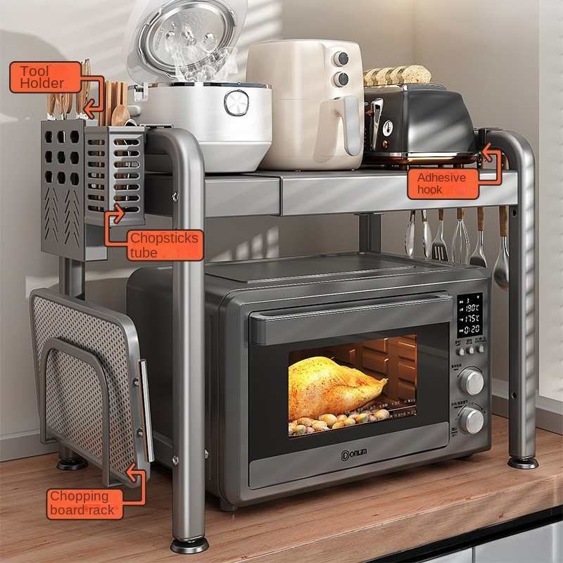 Étagère de cuisine multifonctionnelle extensible Gris Gunmetal en acier au carbone avec 6 crochets gratuits – rangement pour micro-ondes et ustensiles - 4