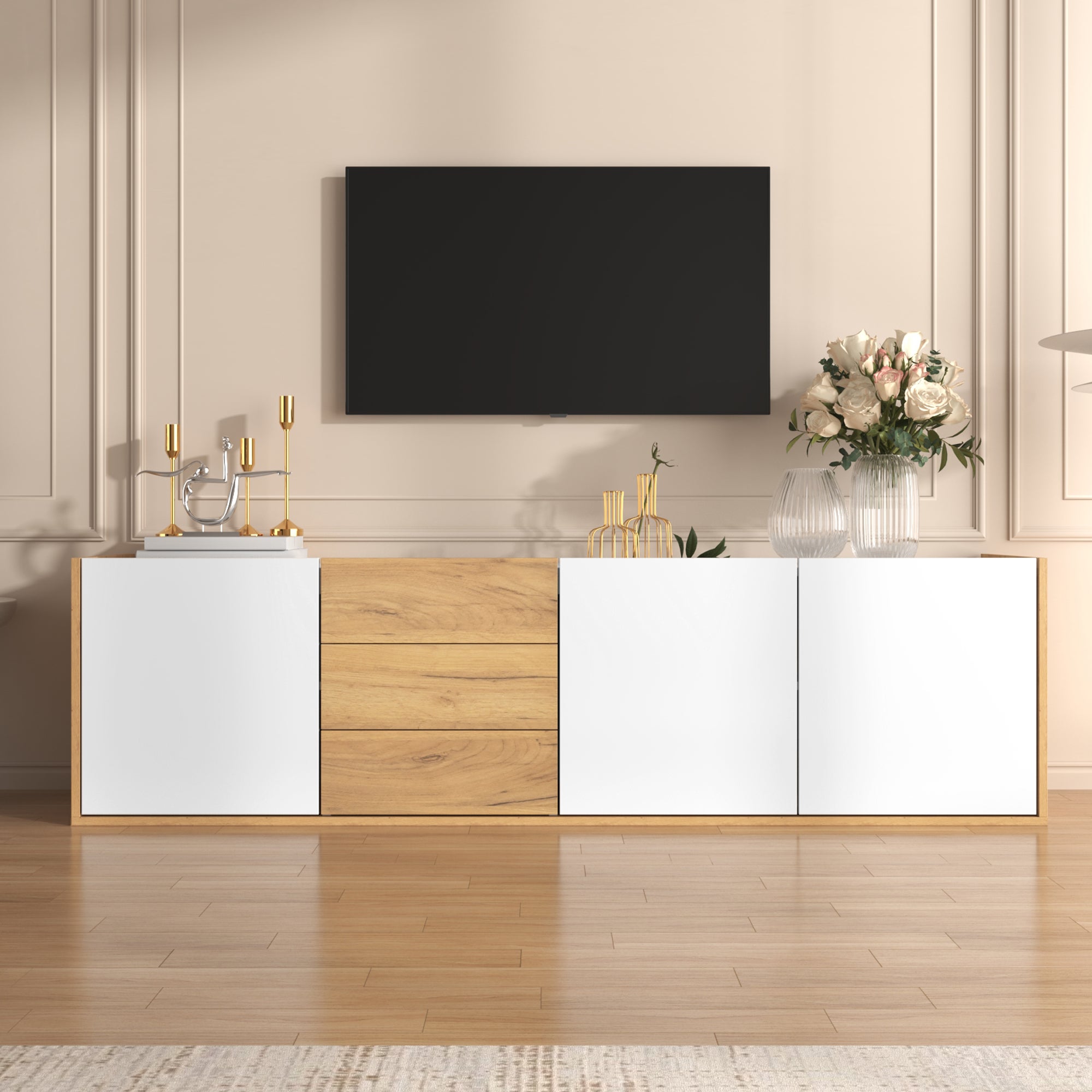 Szafa TV niska - Biały i Drewniany - 171,5x35x47 cm - MDF - Montaż ścienny lub stół