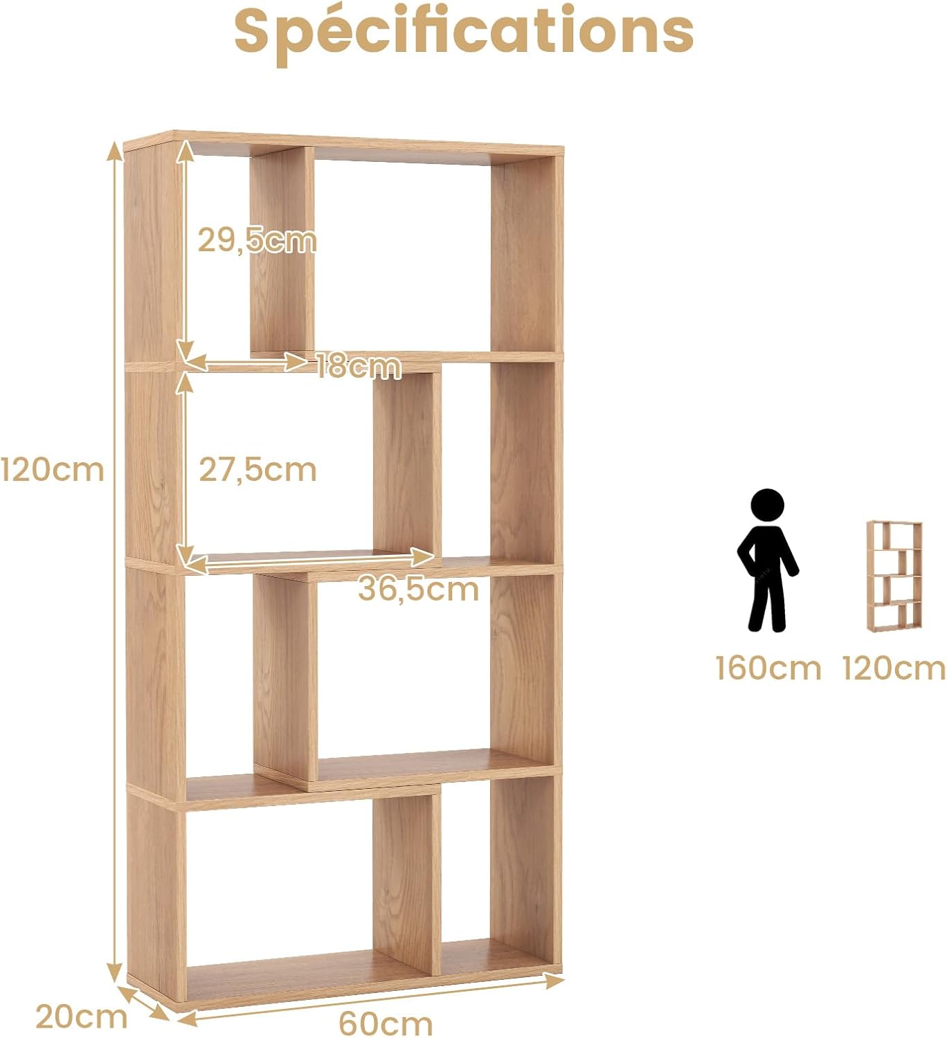 Libreria geometrica in legno, mensola aperta con 8 cubi, scaffale portaoggetti, per camera da letto, 60x20x120 cm (naturale) - 3