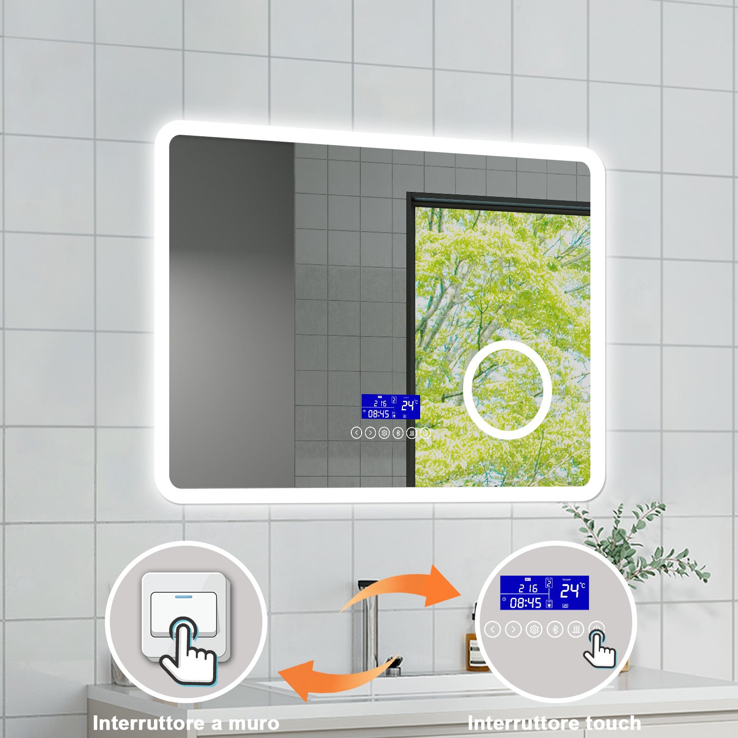 Specchio LED Da Bagno Con Orologio – 100x60 Cm, 3 Temperature Di Colore (3000K, 4000K, 6500K), Dimmerabile, Anti-Appannamento, Ingrandimento 3x, IP44
