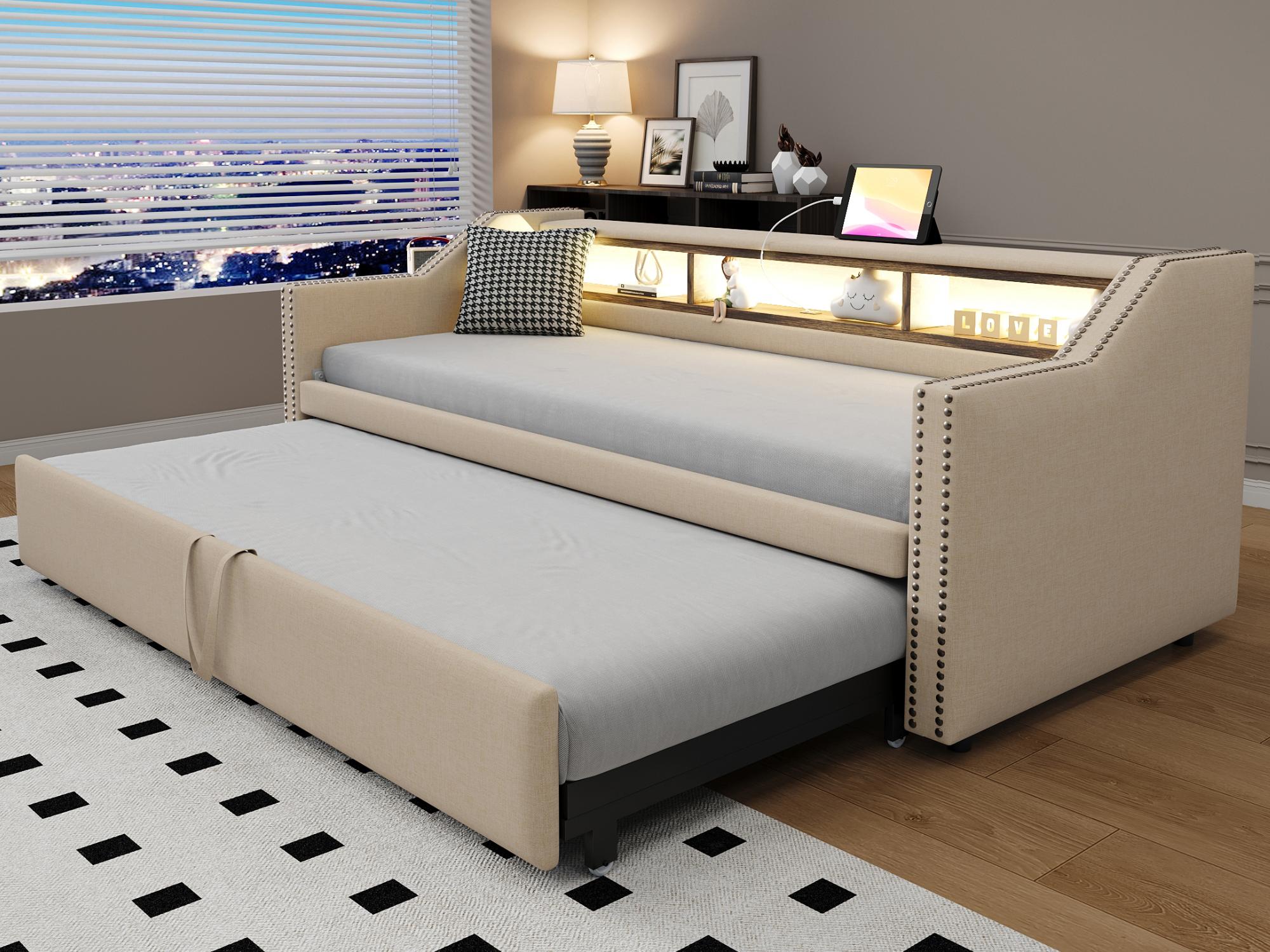 Łóżko wysuwane 90/180x190cm - z LED i USB - z podstawą z listew - Beżowy