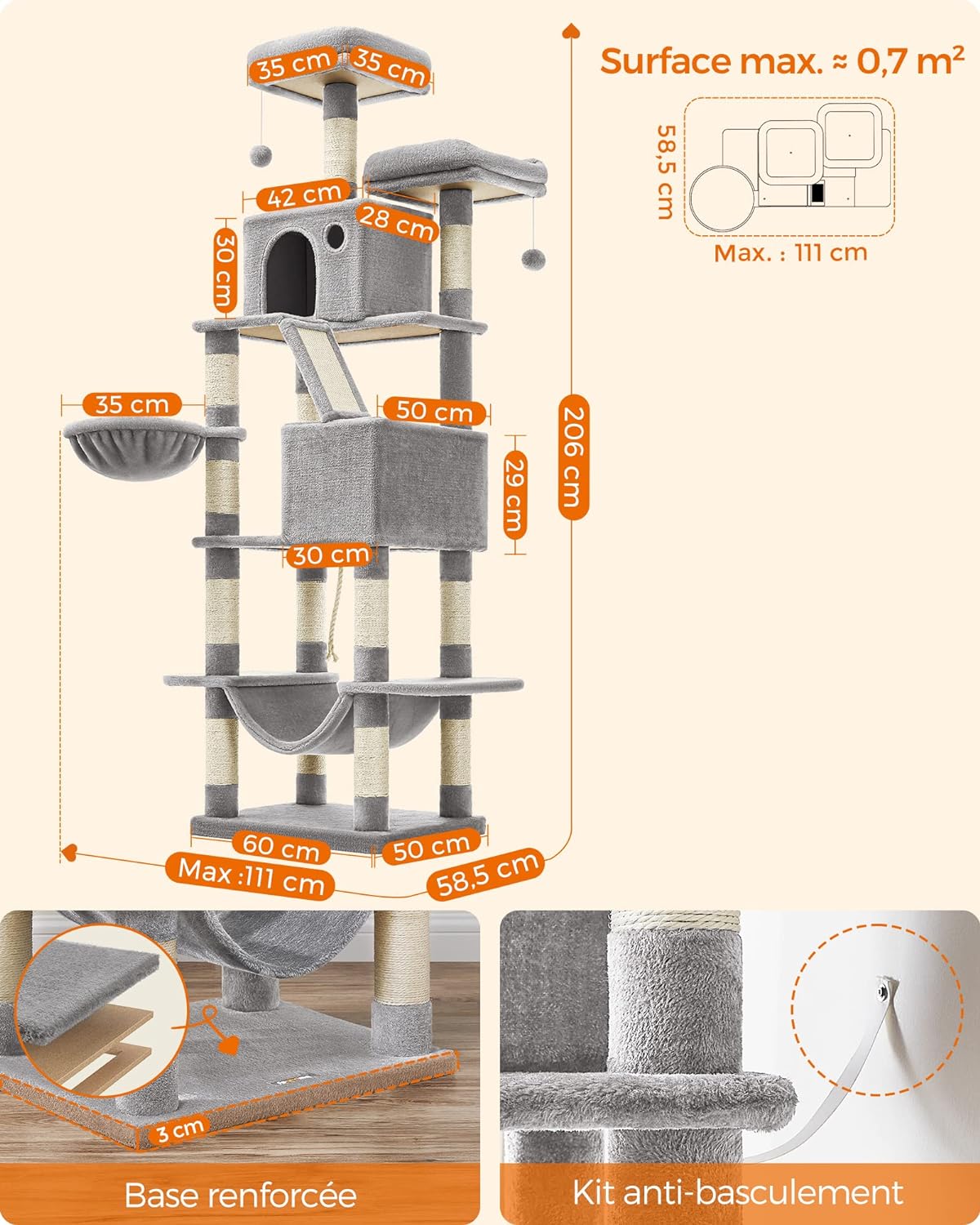 Grand Arbre À Chat, Tour De Jeu 206 Cm, Gris Clair - 5