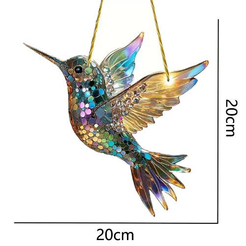 Miroir à deux fenêtres captant la lumière du soleil, décoration de fenêtre peinte colibri, ornement colibri en acrylique, 20*20cm (chaîne incluse). - 3