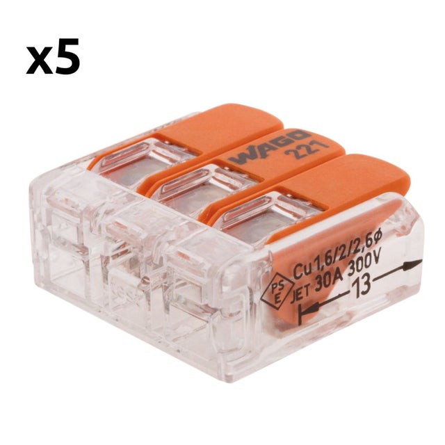 Lot de 5 bornes de raccordement S221 Compact - Connexion rapide - 3 conducteurs avec leviers 6mm² - Orange - Wago