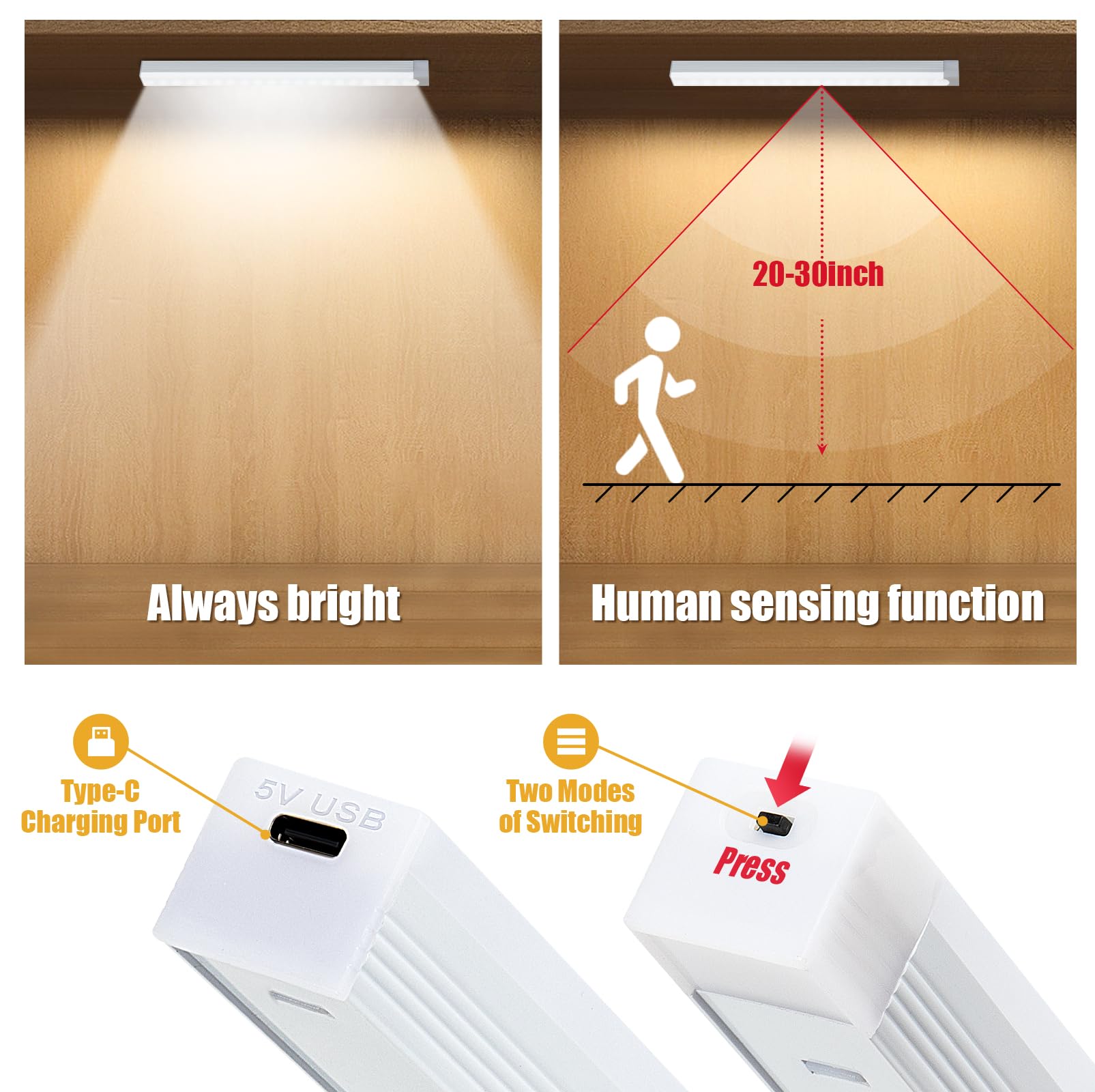 Paquet de 2 lumières sous-meuble avec détecteur de mouvement, lumières LED rechargeables USB-C pour placard, lumières sous-comptoir pour cuisine - 4