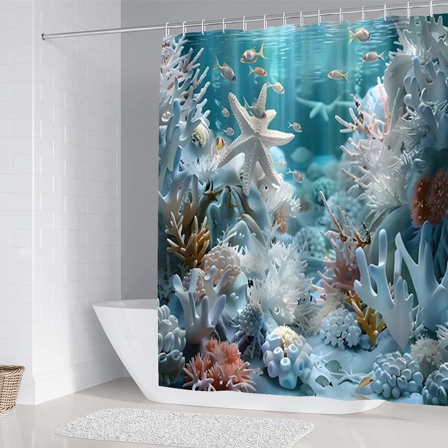 1 zasłona prysznicowa w kolorze oceanicznym z muszelkami i rozgwiazdami koralowymi, poliester,z haczykami, nadaje się do prania w pralce, 80 x 180 cm