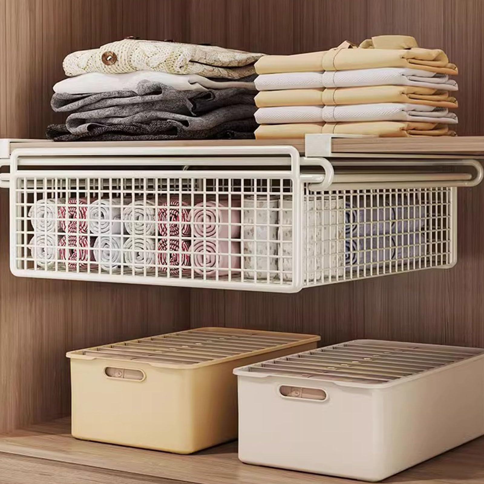 Panier de rangement suspendu métallique coulissant sous étagère multifonctionnel pour vêtements,économie d'espace,organisateur de garde-robe L - 8