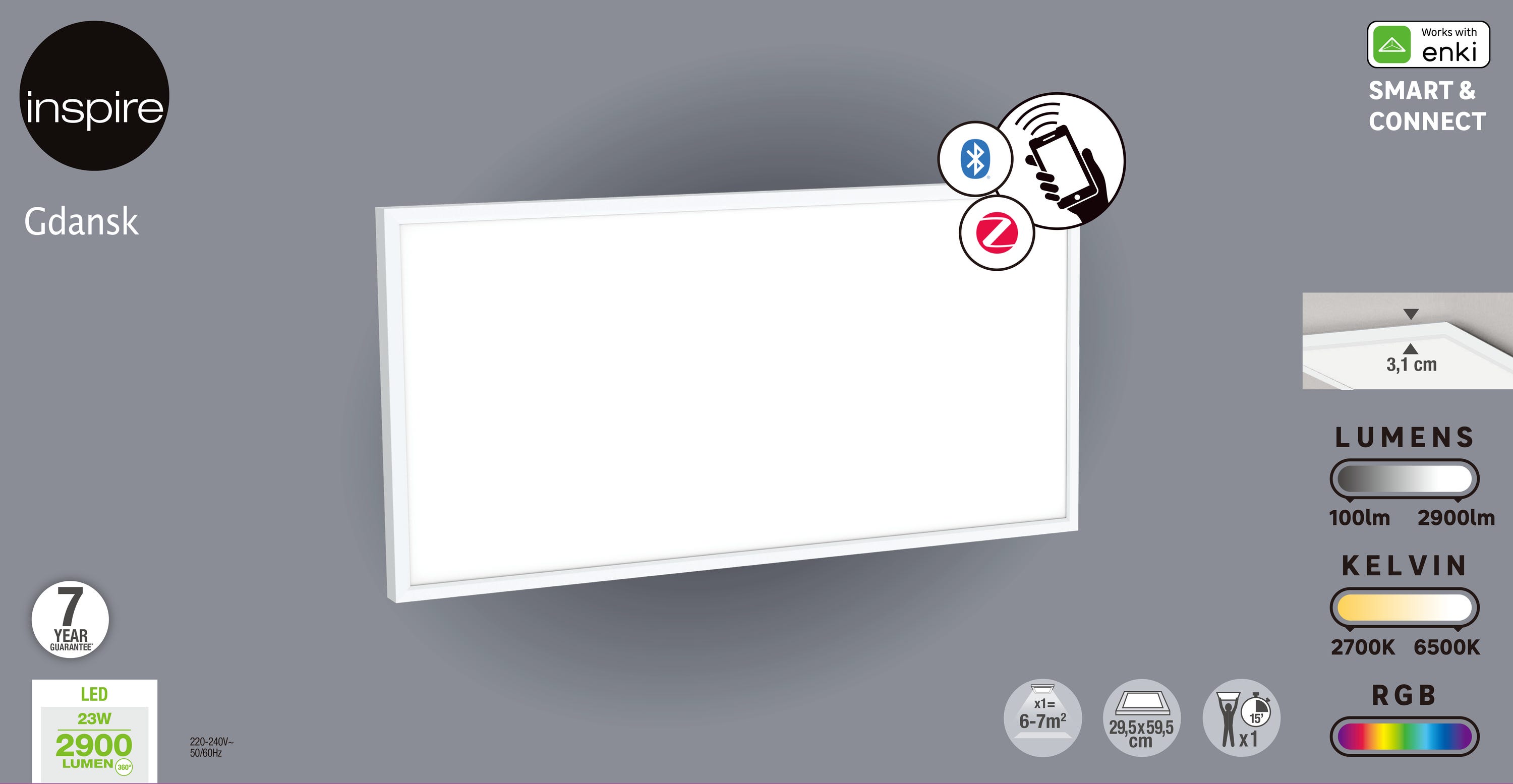 INSPIRE - Pannello LED GDANSK connesso - 30 x 60 cm - Pannello led dimmerabile RGB - Luce LED multicolore - Da 100 a 2900 LM - Da 2700K a 6500 K - - 8