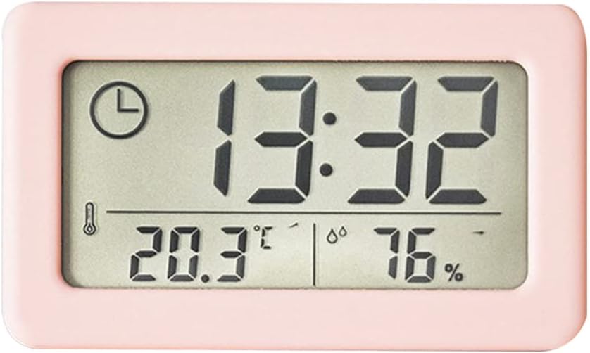 Elektroniczny termometr i higrometr, mały zegar, cyfrowy wskaźnik temperatury i wilgotności, różowy