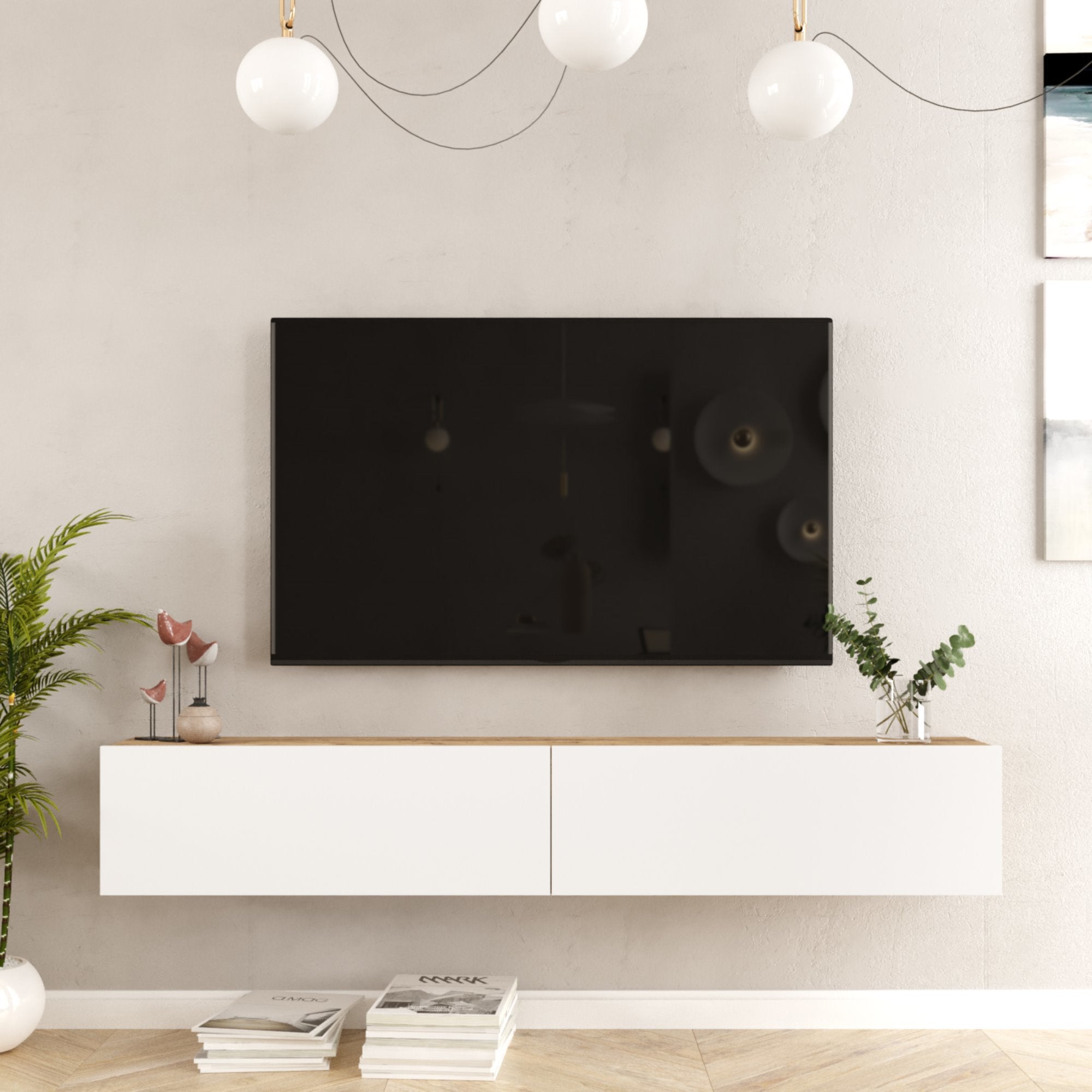 Meuble TV Lapinlahti à 2 portes 29,5 x 180 x 31,5 cm effet bois de pin / blanc [en.casa] - 4