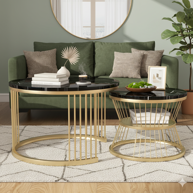 Lot de 2 Tables Basses Gigognes Rondes Modernes – Plateau Effet Marbre Noir & Structure Métal Doré – Salon & Chambre