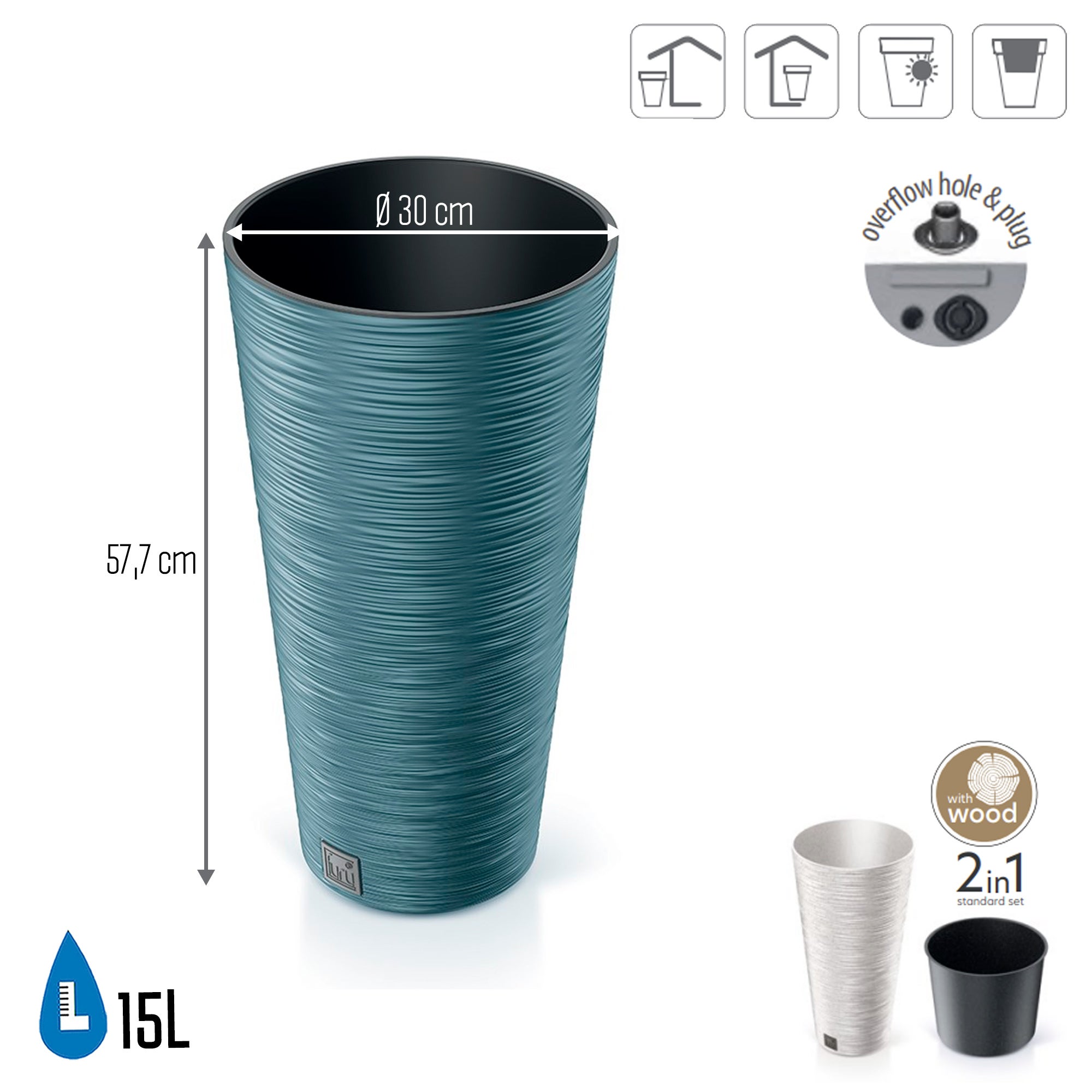 Vaso Alto Con Riserva D'acqua 15L - FURU Azul Escandinavo - Prosperplast - 3