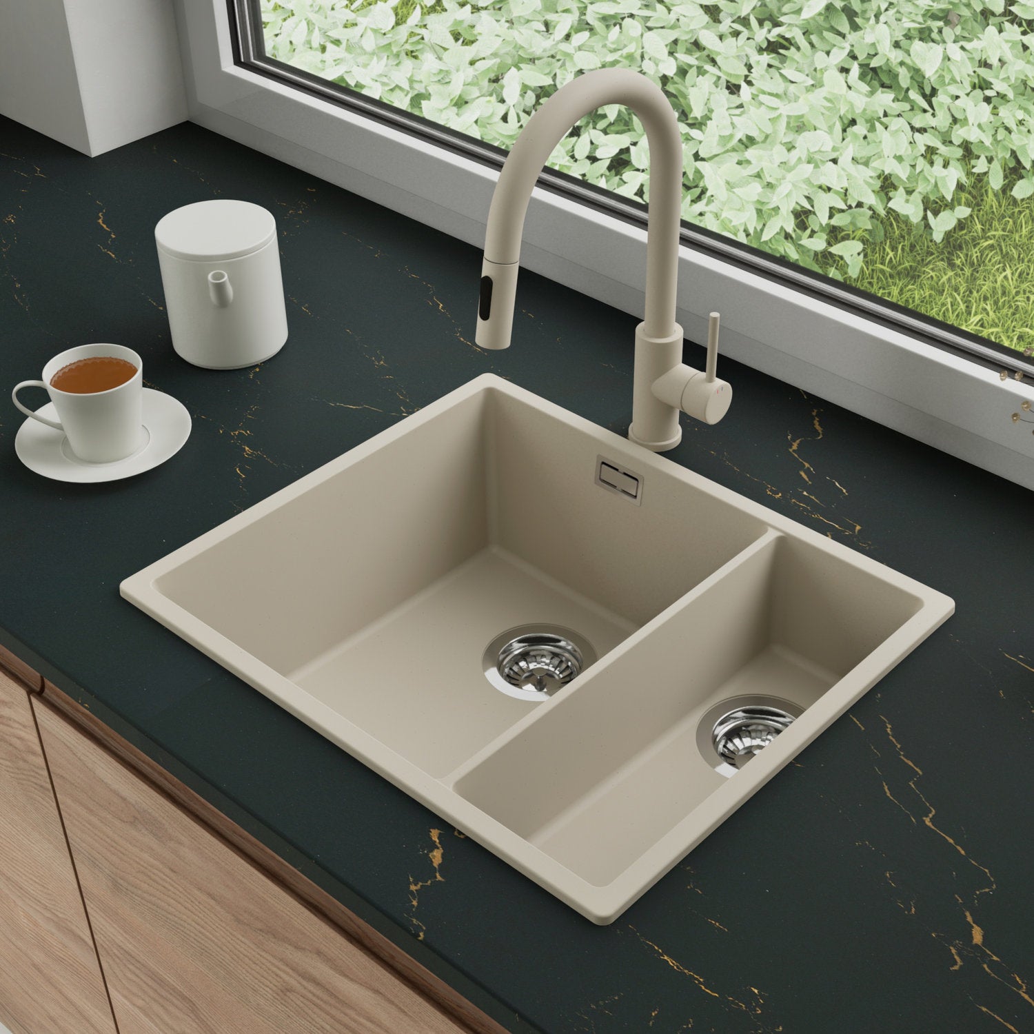 Zlewozmywak Granitowy 56x47cm, do szafki od 60cm + Bateria + Syfon - Agate Beżowy STONESTYLE