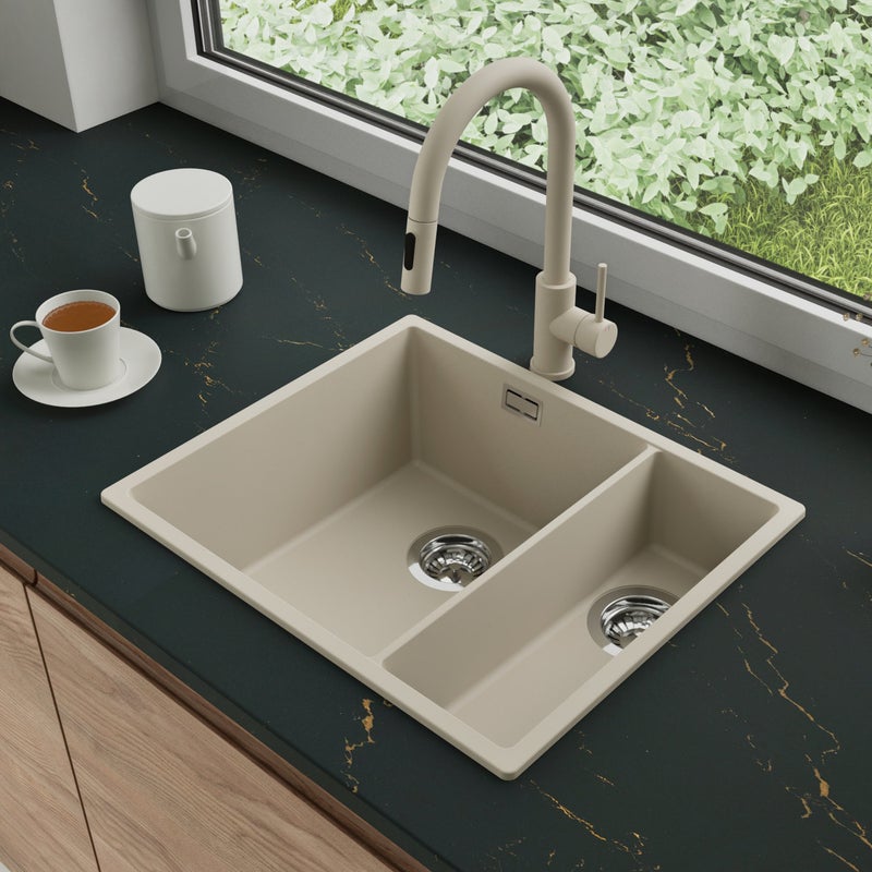 Zlewozmywak Granitowy 56x47cm, do szafki od 60cm + Bateria + Syfon - Agate Beżowy STONESTYLE