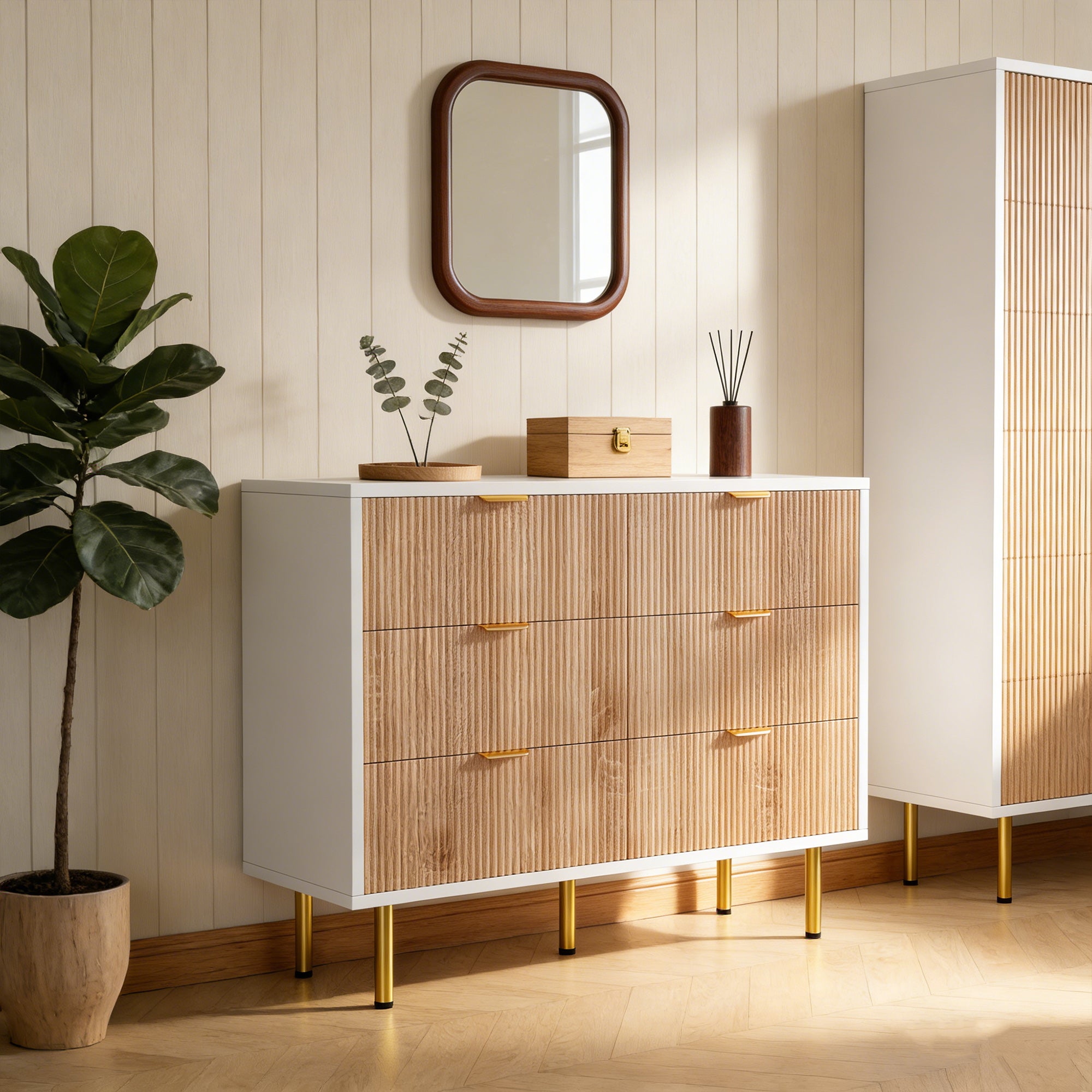 Commode avec 6 tiroirs, COZY, commode de chambre en bois, pieds en métal, 100x34x73 cm, pour chambre et salon, Blanc et Bois - 2