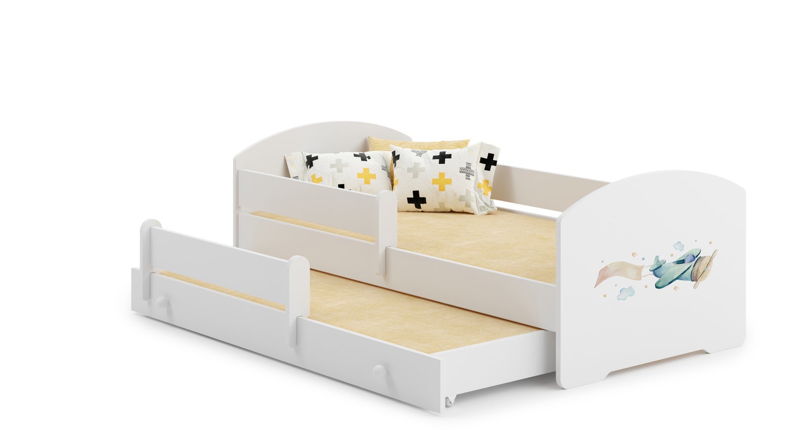 Podwójne białe łóżko dziecięce z rysunkiem samolotu oraz barierkami 160x80 cm z dolnym łóżkiem 145x80 cm – Zawiera 2 materace i stelaże