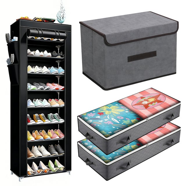 Lot de 6 Ensemble de Rangement pour Chambre à Coucher, 1 Meuble à Chaussures ou Armoire, 2 Rangement sous Lit, 3 Boîte de Rangement Pliable, Moderne