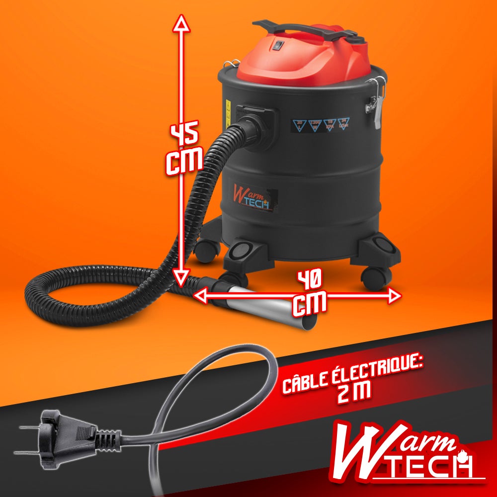 Vide cendres 1200W 20L avec soufflerie, fonction décolmatage et roues - Warm Tech - 4