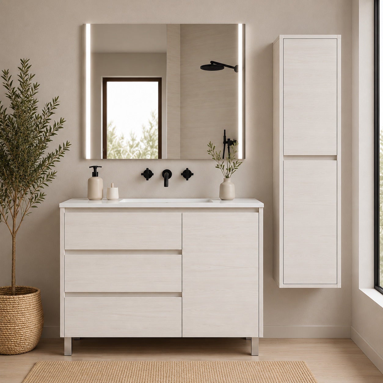 Mobilier de baie con 3 cajones, puerta y lavabo ORIGENBATH VOLUM fără oglindă 90x45 cm alb nordic cu coloană