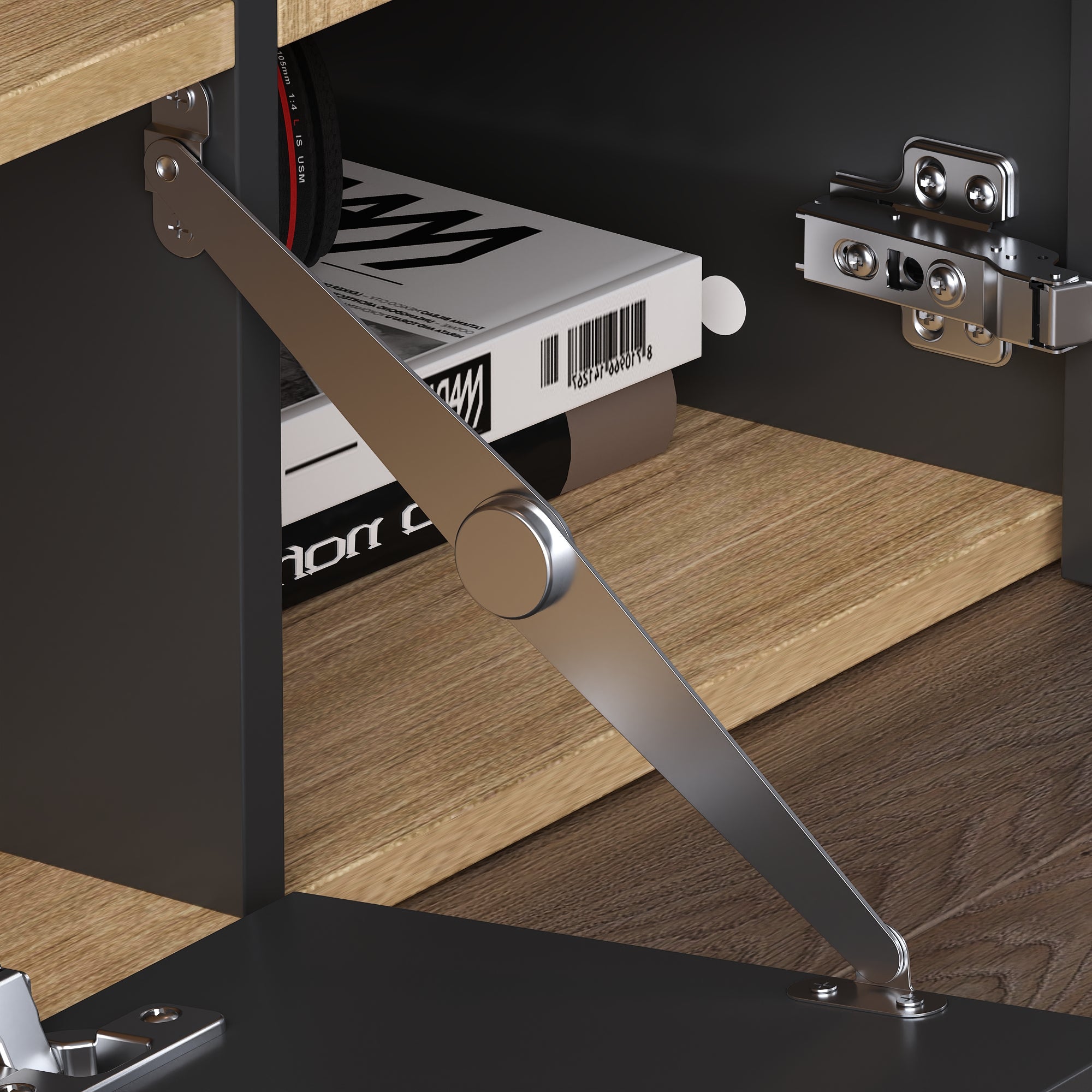 Meuble TV en gris foncé&bois naturel,7 espaces de rangement,3 portes à gauche et à droite,dispositif anti-basculement,180x40x40,5cm - 5