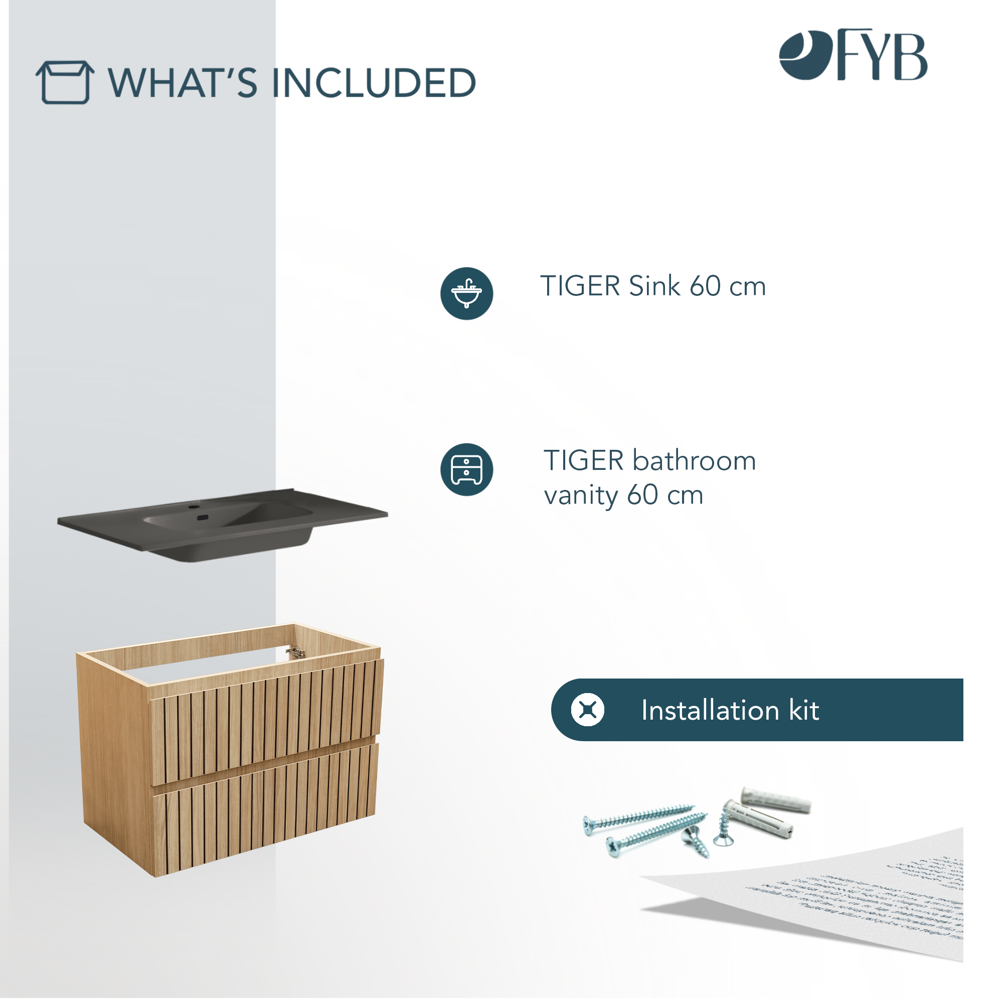 Feel Your Bath, Mueble Suspendido 60 cm, Color Roble Nórdico con 2 Cajones Soft Close y Encimera de Cerámica Negra Integrada – Serie TIGER - 7
