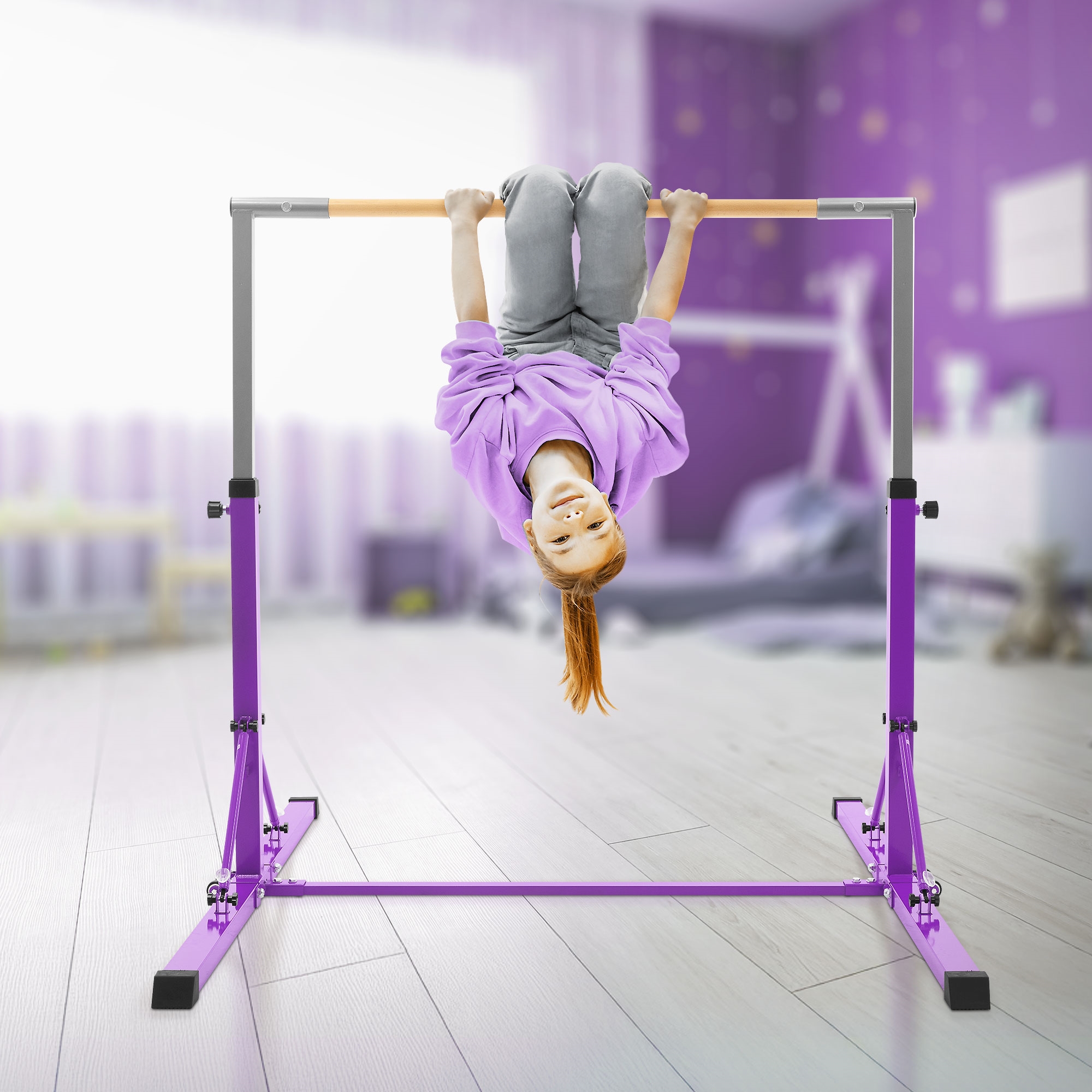 Hauki gymnastik turnreck drążek gimnastyczny dla dzieci składany regulowany 95,5-150 cm fioletowy sprzęt sportowy do ćwiczeń w domu i ogrodzie