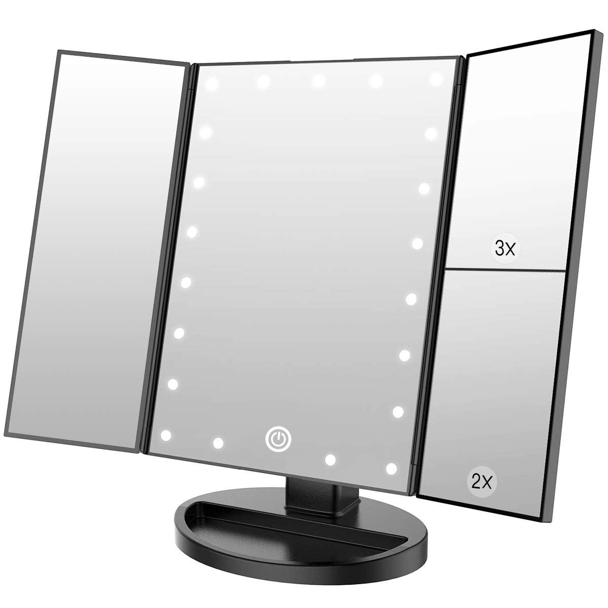 Lustro do makijażu z 21 diodami LED, powiększenie 1x/2x/3x, składane na trzy części, lusterko podróżne z możliwością ładowania (czarne)