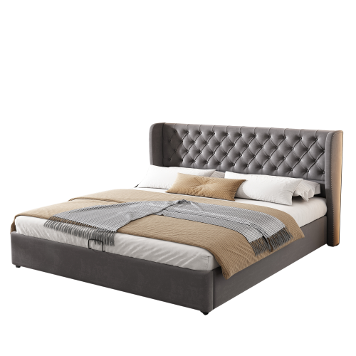 Letto Chesterfield Capitonnè con Orecchie, Tessuto Velluto Grigio