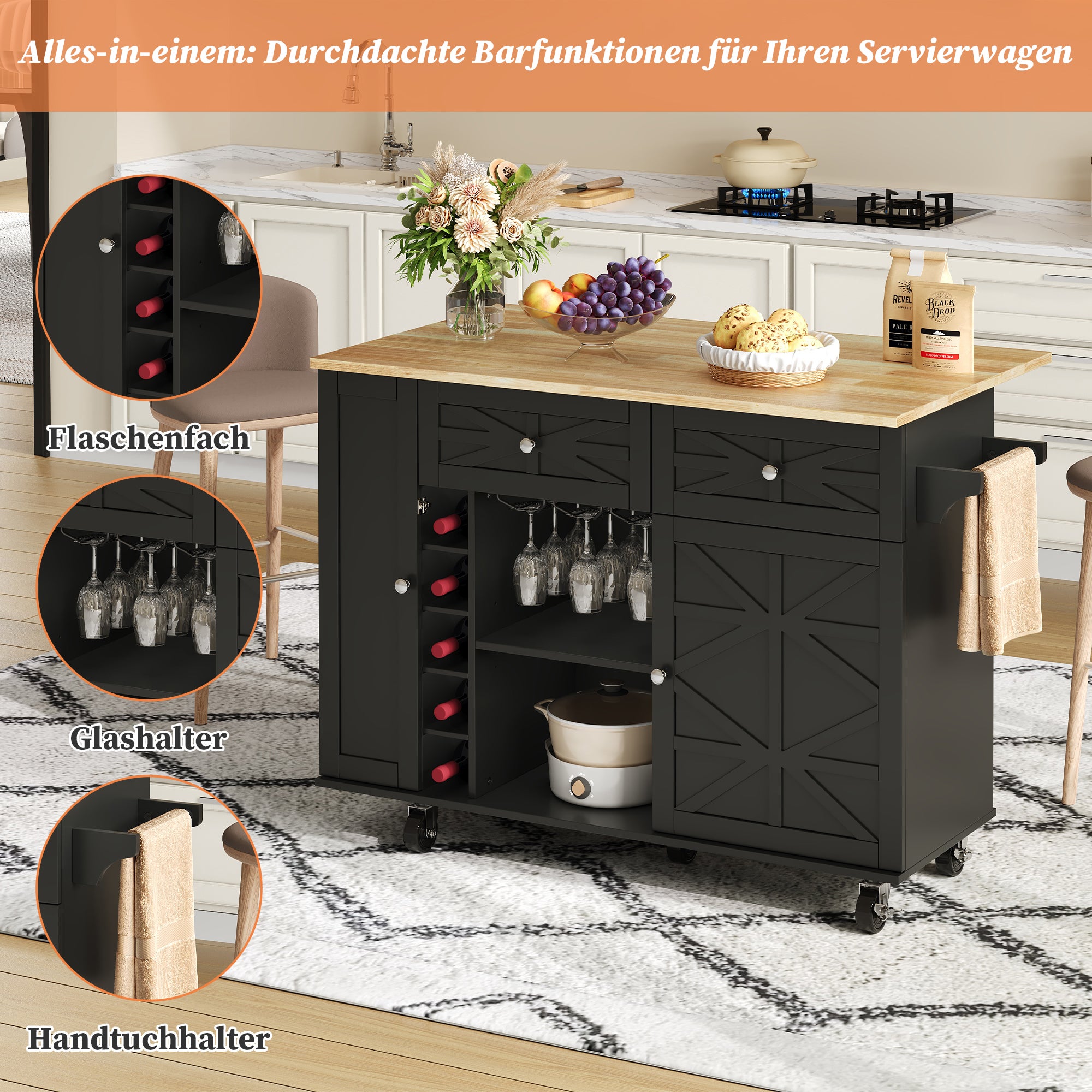 Îlot De Cuisine Rétractable 120 X 73 X 93 Cm - Avec Tiroirs, étagères Et Porte-épices - Noir - Roulettes Et Table Rabattable