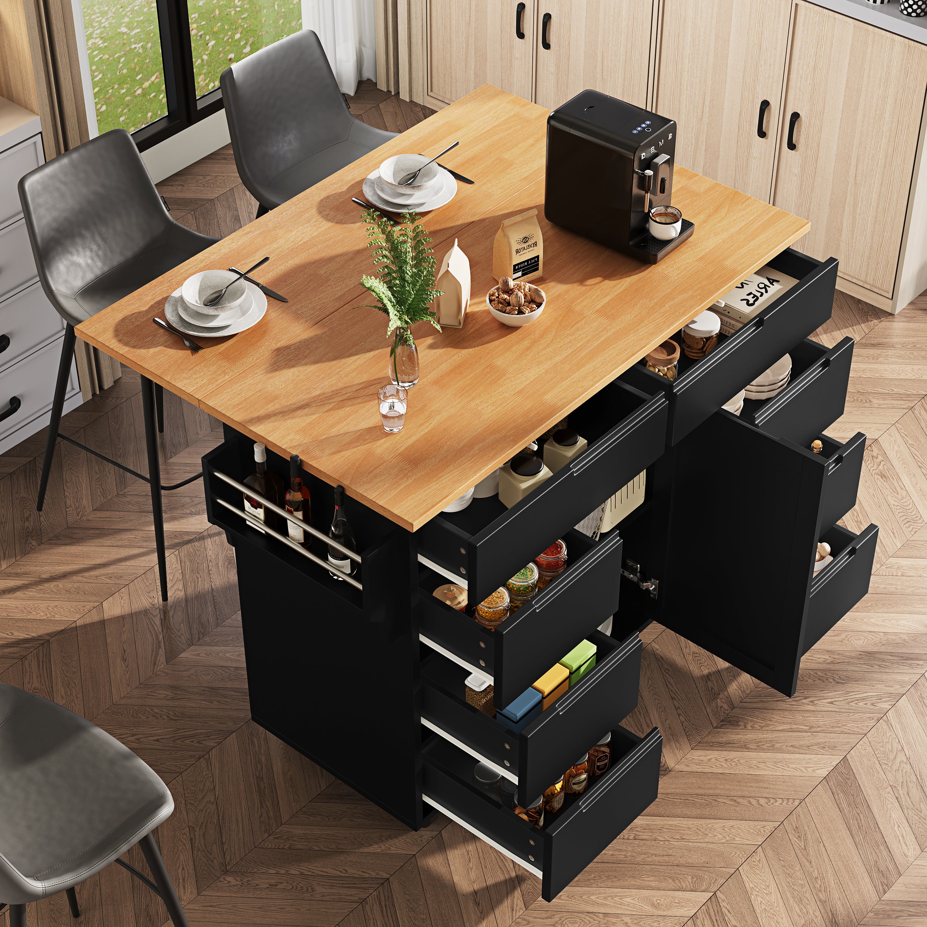 Mobilna wyspa kuchenna z 8 szufladami i 1 drzwiami - 122 x 46/74,5 x 91,5 cm - MDF - Wysuwany blat - Czarny