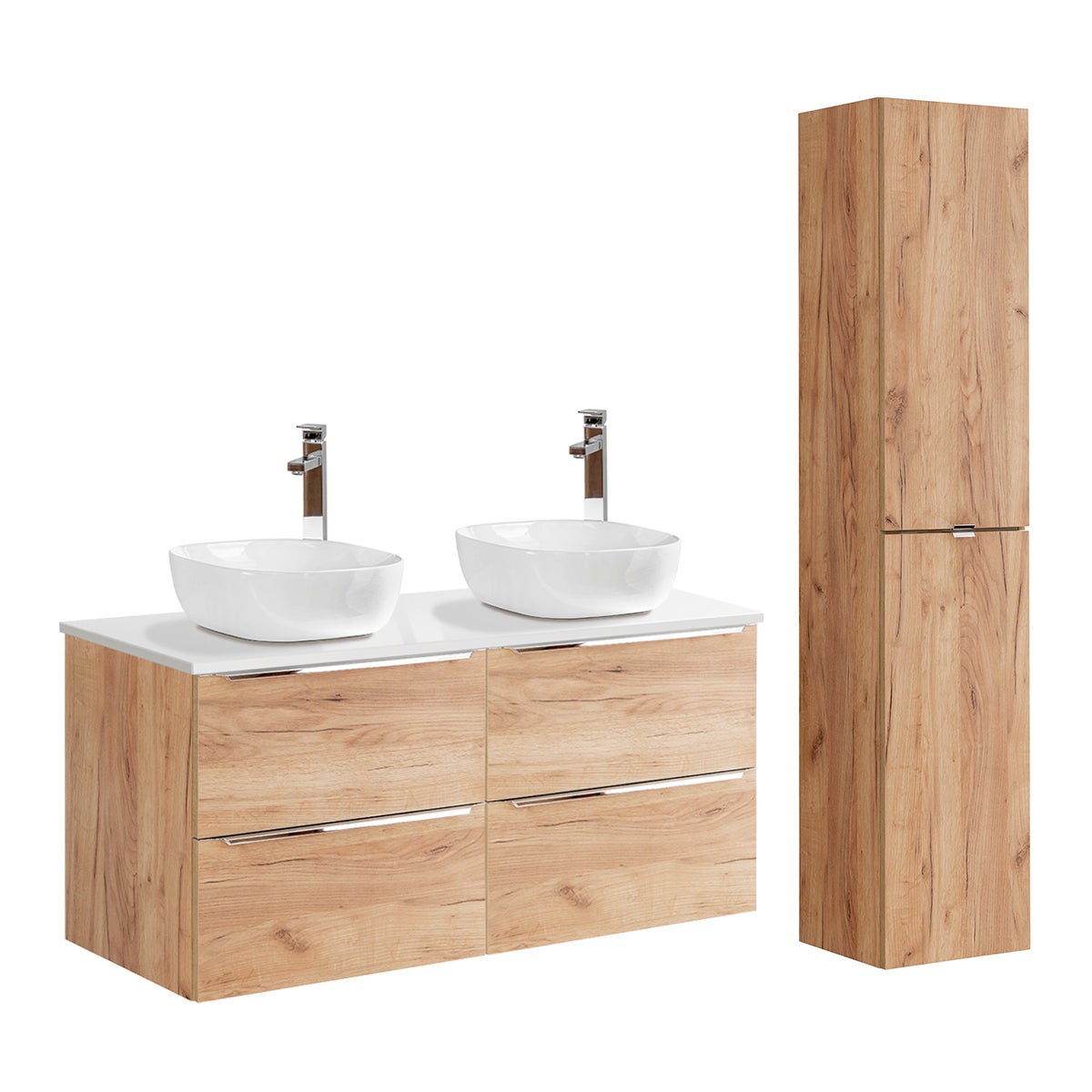 Conjunto mueble lavabo doble 120cm y columna april madera y blanco