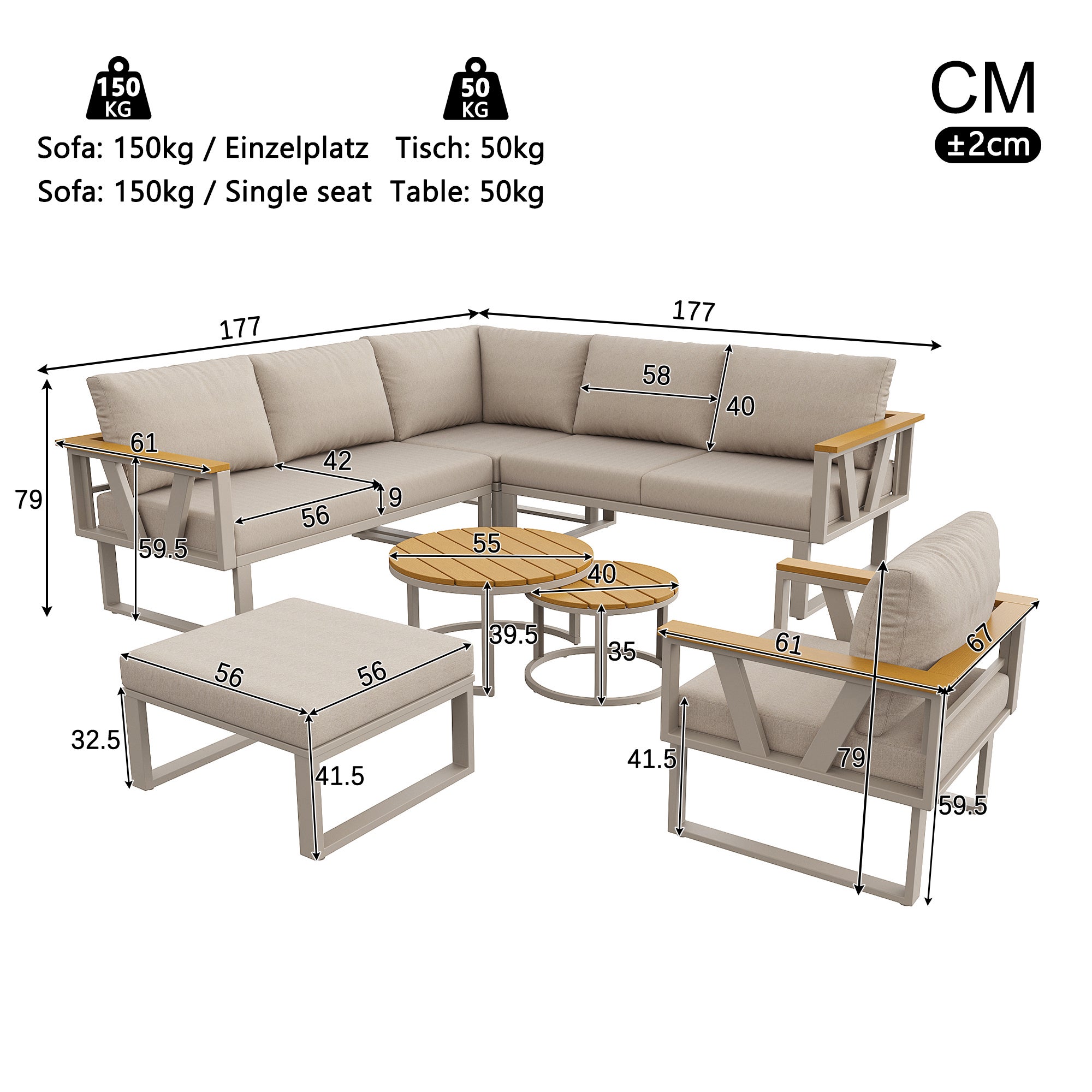 Salon de jardin - 6-7 places - en fer galvanisé - canapé d'angle - avec table basse gigogne - en bois plastique - fauteuil - repose-pieds, Beige - 9