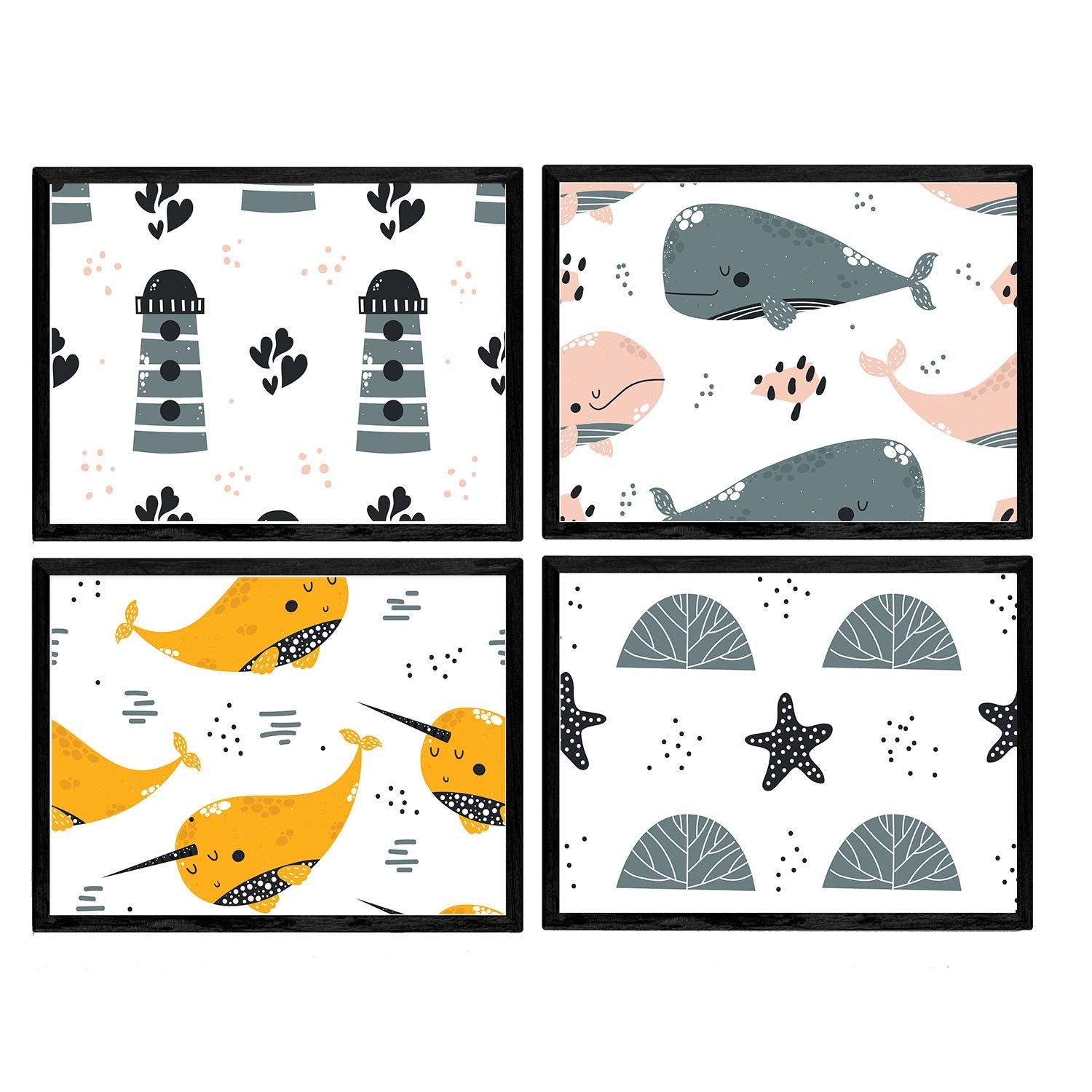 Pack de cuatro posters con ilustraciones de ballenas láminas con imágenes infantiles de ballenas ballenas naranja gris faro de mar sin marco a4