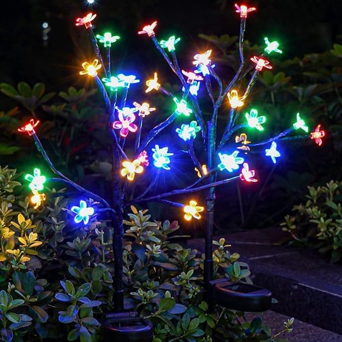 Lampy ogrodowe solarne, 20 diod LED, wzór kwiatu wiśni, idealne na tarasy i trawniki (kolorowe) – 2 sztuki w opakowaniu
